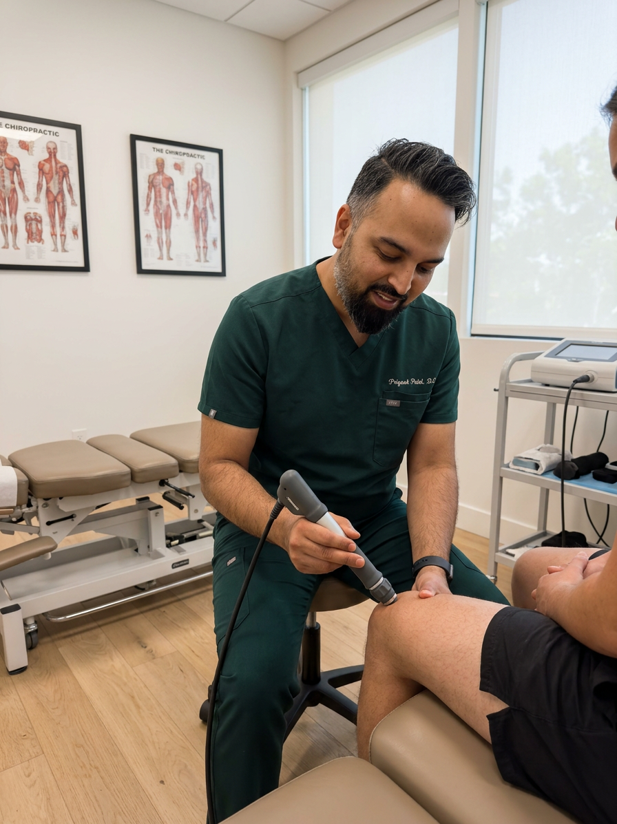 @drp, a warm male chiropractor in dark green scrubs (no white coat) applying a handheld radial shockwave therapy device to a seated patient knee in a bright modern clinic, focused clinical treatment, white walls, oak floors, natural window light, photorealistic
Dr. Patel: Adult South Asian man with a medium-to-deep warm brown skin tone and a strong, professional
appearance. Oval to slightly long face, with a broad forehead, high hairline, and a well-defined
beard that gives the lower face a stronger, more angular shape. Dark black hair with visible gray
at the temples and sides, worn short on the sides in a fade/taper and longer on top, styled upward
and back in a clean, voluminous quiff/pompadour. Hairline sits a bit high, with slight recession
at the temples. Thick, dark, straight to gently arched eyebrows. Dark brown, medium-sized,
slightly deep-set eyes with a calm, focused look. Medium width nose, straight in profile, with a
rounded tip. Medium fullness lips, lower lip slightly fuller. Full, connected beard and mustache,
mostly black with noticeable gray/silver strands, especially at the cheeks, sideburn area, and
chin. Beard is shorter and neater on the cheeks and fuller/longer at the chin. Strong and
masculine jawline. Solid and broad-shouldered, medium-to-stocky frame. Upright, composed, and
confident posture. Keep realistic skin texture, natural pores, subtle under-eye detail, and
authentic salt-and-pepper facial hair. Do not make the face overly smooth or overly youthful.
Treatment Room: A modern, narrow rectangular chiropractic treatment room with a clean, minimal, upscale clinical look. The room has bright matte white walls, a white ceiling, white baseboards, and light natural oak wood plank flooring with a soft warm tone. The overall design is simple, uncluttered, and professional, with a calm medical aesthetic rather than a spa aesthetic.
The central focal point of the room is a premium chiropractic treatment table placed lengthwise in the middle of the room. The table has dark charcoal or deep gray padding, a light gray to off-white metal frame, and multiple bright yellow adjustment levers and handles. The table is large, segmented, and clearly a specialized chiropractic table, not a massage table.
Along the main wall are three vertically oriented framed anatomy posters in thin black frames with white mats. The posters show classic medical anatomical illustrations, including the muscular system, skeletal system, and spinal nerves. They are evenly spaced and mounted in a straight horizontal row above and behind the table, creating a clean visual rhythm.
Near the back corner of the room is a narrow leaning ladder shelf with a black metal frame and light wood shelves. The shelf holds a small number of clinical and office items such as tissues, paper towels, wipes, baskets, and small containers. Beside the shelf is a round rolling stool with a dark padded seat and chrome base.
On one side of the room is a simple desk area with a light-colored office chair, computer equipment, and a few practical work items, but this area should remain secondary and not dominate the image. On the opposite end of the room is a white wall-mounted cabinet and a compact rolling clinical utility cart with electrotherapy or rehab equipment, folded towels, wires, and supplies.
The room also includes a black door with a tall rounded-rectangle vertical window, adding a modern architectural detail. A few visible cords and small clinical devices are acceptable, but the room should still feel tidy, intentional, and professional.
Lighting is bright, neutral-to-cool clinical overhead lighting with soft natural realism. The room should feel real, functional, and high-end, with clean lines, minimal decor, and a polished chiropractic practice atmosphere.
quiet luxury, soft cinematic lighting, warm palette, professional, clean composition. gold and muted warm green color tones.
Do not include: cartoon, clipart, stock photo watermark, neon colors, face distortion, white coat, lab coat, doctor coat.