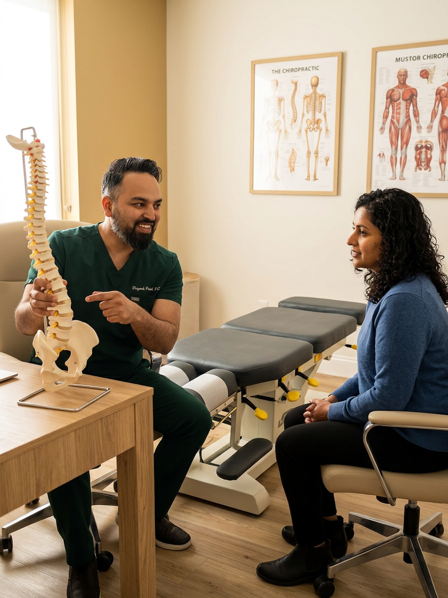 @drp, a male chiropractor in dark green scrubs pointing at a model of the human spine on a desk while explaining to an attentive adult patient seated across from him, bright modern chiropractic clinic with anatomy charts, warm natural light, professional documentary photograph
Dr. Patel: Adult South Asian man with a medium-to-deep warm brown skin tone and a strong, professional
appearance. Oval to slightly long face, with a broad forehead, high hairline, and a well-defined
beard that gives the lower face a stronger, more angular shape. Dark black hair with visible gray
at the temples and sides, worn short on the sides in a fade/taper and longer on top, styled upward
and back in a clean, voluminous quiff/pompadour. Hairline sits a bit high, with slight recession
at the temples. Thick, dark, straight to gently arched eyebrows. Dark brown, medium-sized,
slightly deep-set eyes with a calm, focused look. Medium width nose, straight in profile, with a
rounded tip. Medium fullness lips, lower lip slightly fuller. Full, connected beard and mustache,
mostly black with noticeable gray/silver strands, especially at the cheeks, sideburn area, and
chin. Beard is shorter and neater on the cheeks and fuller/longer at the chin. Strong and
masculine jawline. Solid and broad-shouldered, medium-to-stocky frame. Upright, composed, and
confident posture. Keep realistic skin texture, natural pores, subtle under-eye detail, and
authentic salt-and-pepper facial hair. Do not make the face overly smooth or overly youthful.
Treatment Room: A modern, narrow rectangular chiropractic treatment room with a clean, minimal, upscale clinical look. The room has bright matte white walls, a white ceiling, white baseboards, and light natural oak wood plank flooring with a soft warm tone. The overall design is simple, uncluttered, and professional, with a calm medical aesthetic rather than a spa aesthetic.
The central focal point of the room is a premium chiropractic treatment table placed lengthwise in the middle of the room. The table has dark charcoal or deep gray padding, a light gray to off-white metal frame, and multiple bright yellow adjustment levers and handles. The table is large, segmented, and clearly a specialized chiropractic table, not a massage table.
Along the main wall are three vertically oriented framed anatomy posters in thin black frames with white mats. The posters show classic medical anatomical illustrations, including the muscular system, skeletal system, and spinal nerves. They are evenly spaced and mounted in a straight horizontal row above and behind the table, creating a clean visual rhythm.
Near the back corner of the room is a narrow leaning ladder shelf with a black metal frame and light wood shelves. The shelf holds a small number of clinical and office items such as tissues, paper towels, wipes, baskets, and small containers. Beside the shelf is a round rolling stool with a dark padded seat and chrome base.
On one side of the room is a simple desk area with a light-colored office chair, computer equipment, and a few practical work items, but this area should remain secondary and not dominate the image. On the opposite end of the room is a white wall-mounted cabinet and a compact rolling clinical utility cart with electrotherapy or rehab equipment, folded towels, wires, and supplies.
The room also includes a black door with a tall rounded-rectangle vertical window, adding a modern architectural detail. A few visible cords and small clinical devices are acceptable, but the room should still feel tidy, intentional, and professional.
Lighting is bright, neutral-to-cool clinical overhead lighting with soft natural realism. The room should feel real, functional, and high-end, with clean lines, minimal decor, and a polished chiropractic practice atmosphere.
quiet luxury, soft cinematic lighting, warm palette, professional, clean composition. gold and muted warm green color tones.
Do not include: cartoon, clipart, stock photo watermark, neon colors, face distortion, white coat, lab coat, doctor coat.