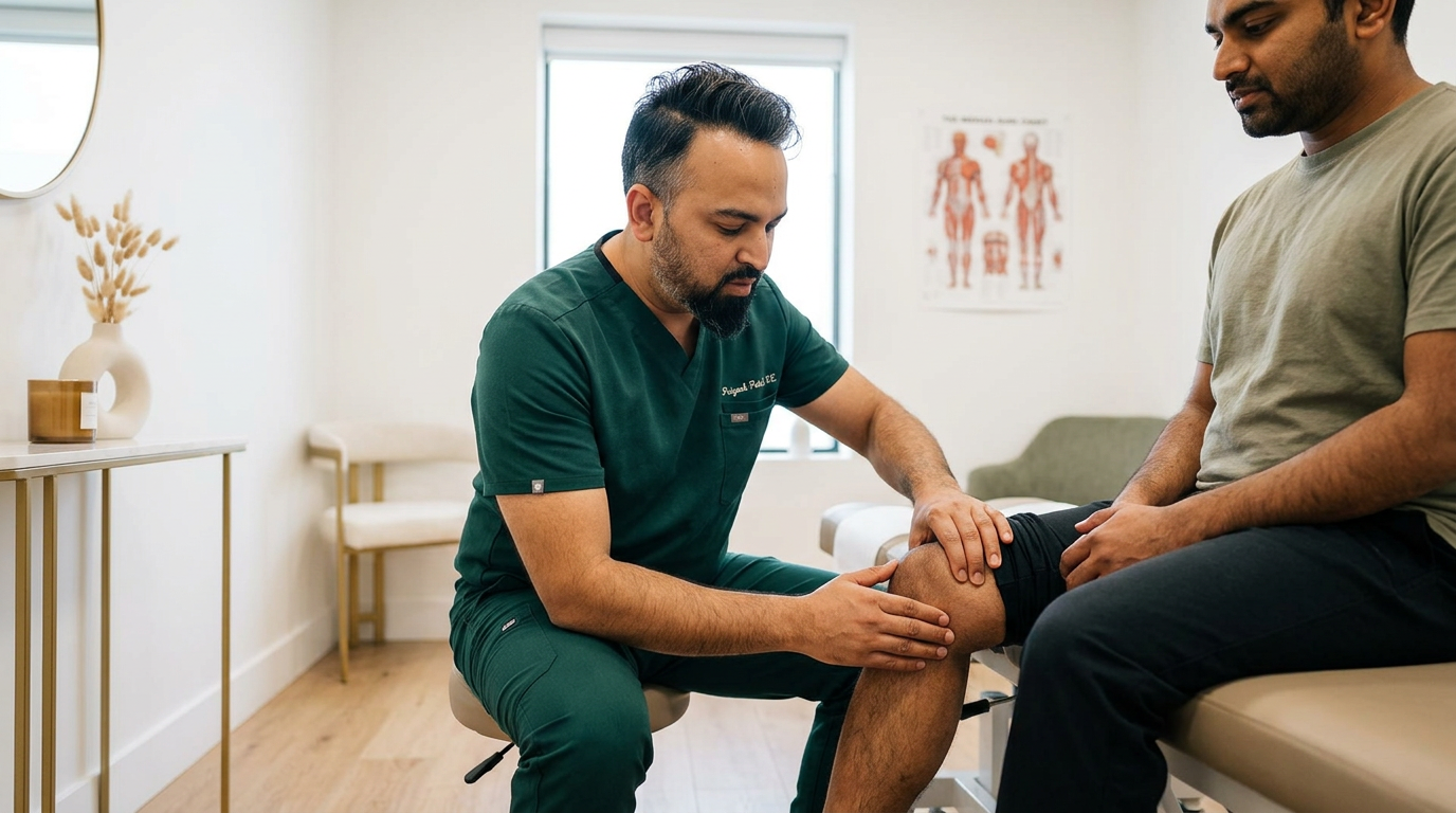 Dr. Patel, a South Asian male chiropractor in green scrubs, examining a patient knee in a modern chiropractic clinic with white walls and oak floors. The patient is seated on a treatment table while Dr. Patel palpates the knee area, looking focused and professional. Wide angle landscape shot, soft natural lighting, clean modern medical office, no white coat.

Dr. Patel is depicted as:  Adult South Asian man with a medium-to-deep warm brown skin tone and a strong, professional
  appearance. Oval to slightly long face, with a broad forehead, high hairline, and a well-defined
  beard that gives the lower face a stronger, more angular shape. Dark black hair with visible gray
  at the temples and sides, worn short on the sides in a fade/taper and longer on top, styled upward
   and back in a clean, voluminous quiff/pompadour. Hairline sits a bit high, with slight recession
  at the temples. Thick, dark, straight to gently arched eyebrows. Dark brown, medium-sized,
  slightly deep-set eyes with a calm, focused look. Medium width nose, straight in profile, with a
  rounded tip. Medium fullness lips, lower lip slightly fuller. Full, connected beard and mustache,
  mostly black with noticeable gray/silver strands, especially at the cheeks, sideburn area, and
  chin. Beard is shorter and neater on the cheeks and fuller/longer at the chin. Strong and
  masculine jawline. Solid and broad-shouldered, medium-to-stocky frame. Upright, composed, and
  confident posture. Keep realistic skin texture, natural pores, subtle under-eye detail, and
  authentic salt-and-pepper facial hair. Do not make the face overly smooth or overly youthful..

quiet luxury, soft cinematic lighting, warm palette, professional, clean composition. gold and muted warm green color tones.

Do not include: cartoon, clipart, stock photo watermark, neon colors, face distortion, white coat, lab coat, doctor coat.