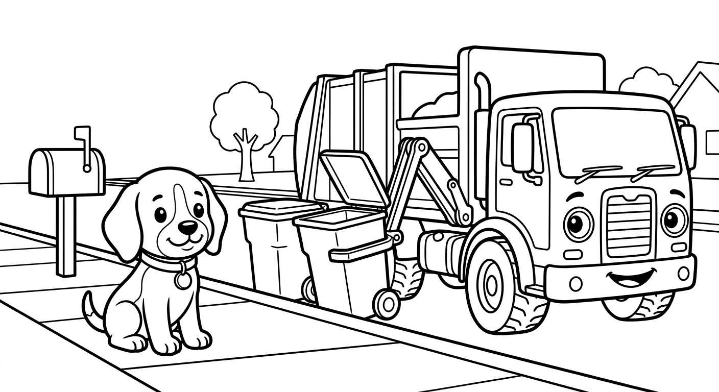 Black and white coloring book page for toddlers. The SAME chibi beagle puppy named Scout from the reference image, identical face and collar with the small round tag, sitting upright, sitting beside the mailbox as the arm empties each cart, next to/with a side-loader truck working down a row of two curbside carts. The truck has a friendly face from its OWN parts: the round headlights are the eyes and the front grille is a smiling mouth, no cartoon eyes on the windshield. A simple scene with a curb, a mailbox shape, and one tree, no more than two or three background shapes, lots of white space. Clean SOLID bold black outlines, simple smooth rounded shapes, NO furry texture, pure white background, no shading, no gray, NO solid black fills anywhere, NO text or words or letters anywhere in the image, large open areas to color.
quiet luxury, soft cinematic lighting, warm palette, professional, clean composition. gold and muted warm green color tones.
Do not include: cartoon, clipart, stock photo watermark, neon colors, face distortion, white coat, lab coat, doctor coat.