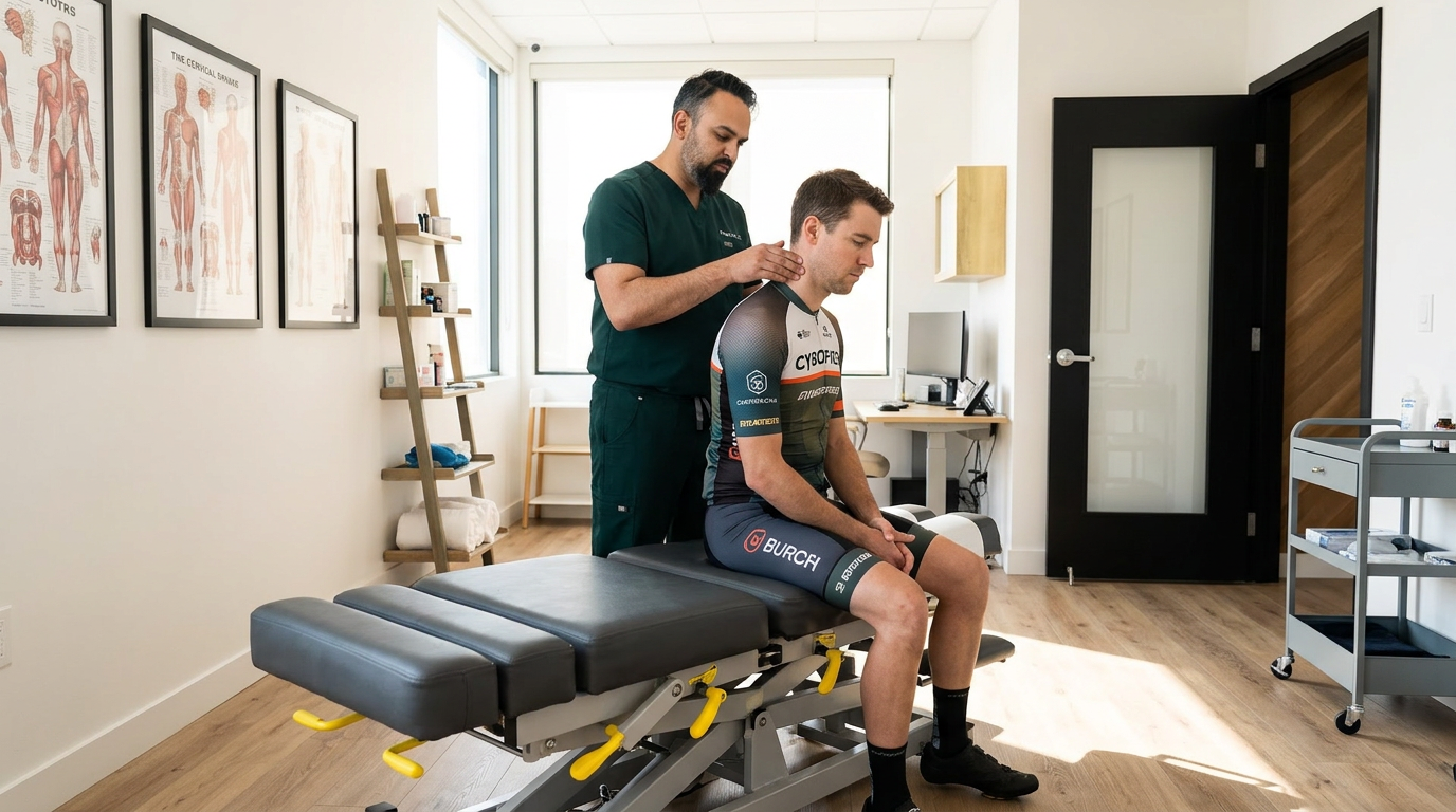 @drp Dr. Patel examining a cyclist patient neck and upper back in a modern chiropractic clinic, patient wearing athletic cycling clothes sitting on treatment table, bright natural light from window, @drp in dark green scrubs performing cervical assessment, landscape wide angle, photorealistic professional medical photography
Dr. Patel: Adult South Asian man with a medium-to-deep warm brown skin tone and a strong, professional
appearance. Oval to slightly long face, with a broad forehead, high hairline, and a well-defined
beard that gives the lower face a stronger, more angular shape. Dark black hair with visible gray
at the temples and sides, worn short on the sides in a fade/taper and longer on top, styled upward
and back in a clean, voluminous quiff/pompadour. Hairline sits a bit high, with slight recession
at the temples. Thick, dark, straight to gently arched eyebrows. Dark brown, medium-sized,
slightly deep-set eyes with a calm, focused look. Medium width nose, straight in profile, with a
rounded tip. Medium fullness lips, lower lip slightly fuller. Full, connected beard and mustache,
mostly black with noticeable gray/silver strands, especially at the cheeks, sideburn area, and
chin. Beard is shorter and neater on the cheeks and fuller/longer at the chin. Strong and
masculine jawline. Solid and broad-shouldered, medium-to-stocky frame. Upright, composed, and
confident posture. Keep realistic skin texture, natural pores, subtle under-eye detail, and
authentic salt-and-pepper facial hair. Do not make the face overly smooth or overly youthful.
Treatment Room: A modern, narrow rectangular chiropractic treatment room with a clean, minimal, upscale clinical look. The room has bright matte white walls, a white ceiling, white baseboards, and light natural oak wood plank flooring with a soft warm tone. The overall design is simple, uncluttered, and professional, with a calm medical aesthetic rather than a spa aesthetic.
The central focal point of the room is a premium chiropractic treatment table placed lengthwise in the middle of the room. The table has dark charcoal or deep gray padding, a light gray to off-white metal frame, and multiple bright yellow adjustment levers and handles. The table is large, segmented, and clearly a specialized chiropractic table, not a massage table.
Along the main wall are three vertically oriented framed anatomy posters in thin black frames with white mats. The posters show classic medical anatomical illustrations, including the muscular system, skeletal system, and spinal nerves. They are evenly spaced and mounted in a straight horizontal row above and behind the table, creating a clean visual rhythm.
Near the back corner of the room is a narrow leaning ladder shelf with a black metal frame and light wood shelves. The shelf holds a small number of clinical and office items such as tissues, paper towels, wipes, baskets, and small containers. Beside the shelf is a round rolling stool with a dark padded seat and chrome base.
On one side of the room is a simple desk area with a light-colored office chair, computer equipment, and a few practical work items, but this area should remain secondary and not dominate the image. On the opposite end of the room is a white wall-mounted cabinet and a compact rolling clinical utility cart with electrotherapy or rehab equipment, folded towels, wires, and supplies.
The room also includes a black door with a tall rounded-rectangle vertical window, adding a modern architectural detail. A few visible cords and small clinical devices are acceptable, but the room should still feel tidy, intentional, and professional.
Lighting is bright, neutral-to-cool clinical overhead lighting with soft natural realism. The room should feel real, functional, and high-end, with clean lines, minimal decor, and a polished chiropractic practice atmosphere.
quiet luxury, soft cinematic lighting, warm palette, professional, clean composition. gold and muted warm green color tones.
Do not include: cartoon, clipart, stock photo watermark, neon colors, face distortion, white coat, lab coat, doctor coat.