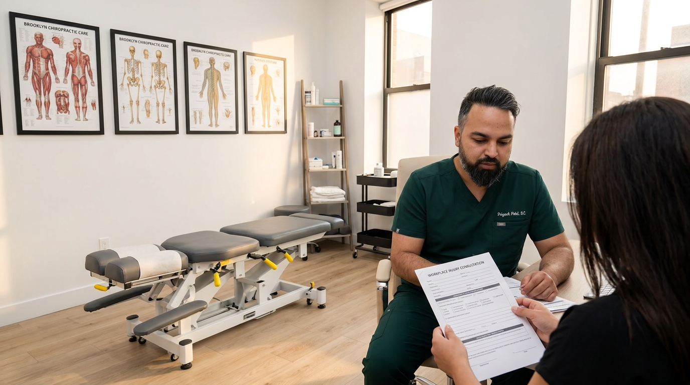 @drp Dr. Patel in dark green scrubs reviewing paperwork with a patient at his desk in the Brooklyn Chiropractic Care clinic, patient holding a document, warm natural lighting, workplace injury consultation scene, landscape wide angle, photorealistic professional medical photography
Dr. Patel: Adult South Asian man with a medium-to-deep warm brown skin tone and a strong, professional
appearance. Oval to slightly long face, with a broad forehead, high hairline, and a well-defined
beard that gives the lower face a stronger, more angular shape. Dark black hair with visible gray
at the temples and sides, worn short on the sides in a fade/taper and longer on top, styled upward
and back in a clean, voluminous quiff/pompadour. Hairline sits a bit high, with slight recession
at the temples. Thick, dark, straight to gently arched eyebrows. Dark brown, medium-sized,
slightly deep-set eyes with a calm, focused look. Medium width nose, straight in profile, with a
rounded tip. Medium fullness lips, lower lip slightly fuller. Full, connected beard and mustache,
mostly black with noticeable gray/silver strands, especially at the cheeks, sideburn area, and
chin. Beard is shorter and neater on the cheeks and fuller/longer at the chin. Strong and
masculine jawline. Solid and broad-shouldered, medium-to-stocky frame. Upright, composed, and
confident posture. Keep realistic skin texture, natural pores, subtle under-eye detail, and
authentic salt-and-pepper facial hair. Do not make the face overly smooth or overly youthful.
Treatment Room: A modern, narrow rectangular chiropractic treatment room with a clean, minimal, upscale clinical look. The room has bright matte white walls, a white ceiling, white baseboards, and light natural oak wood plank flooring with a soft warm tone. The overall design is simple, uncluttered, and professional, with a calm medical aesthetic rather than a spa aesthetic.
The central focal point of the room is a premium chiropractic treatment table placed lengthwise in the middle of the room. The table has dark charcoal or deep gray padding, a light gray to off-white metal frame, and multiple bright yellow adjustment levers and handles. The table is large, segmented, and clearly a specialized chiropractic table, not a massage table.
Along the main wall are three vertically oriented framed anatomy posters in thin black frames with white mats. The posters show classic medical anatomical illustrations, including the muscular system, skeletal system, and spinal nerves. They are evenly spaced and mounted in a straight horizontal row above and behind the table, creating a clean visual rhythm.
Near the back corner of the room is a narrow leaning ladder shelf with a black metal frame and light wood shelves. The shelf holds a small number of clinical and office items such as tissues, paper towels, wipes, baskets, and small containers. Beside the shelf is a round rolling stool with a dark padded seat and chrome base.
On one side of the room is a simple desk area with a light-colored office chair, computer equipment, and a few practical work items, but this area should remain secondary and not dominate the image. On the opposite end of the room is a white wall-mounted cabinet and a compact rolling clinical utility cart with electrotherapy or rehab equipment, folded towels, wires, and supplies.
The room also includes a black door with a tall rounded-rectangle vertical window, adding a modern architectural detail. A few visible cords and small clinical devices are acceptable, but the room should still feel tidy, intentional, and professional.
Lighting is bright, neutral-to-cool clinical overhead lighting with soft natural realism. The room should feel real, functional, and high-end, with clean lines, minimal decor, and a polished chiropractic practice atmosphere.
quiet luxury, soft cinematic lighting, warm palette, professional, clean composition. gold and muted warm green color tones.
Do not include: cartoon, clipart, stock photo watermark, neon colors, face distortion, white coat, lab coat, doctor coat.