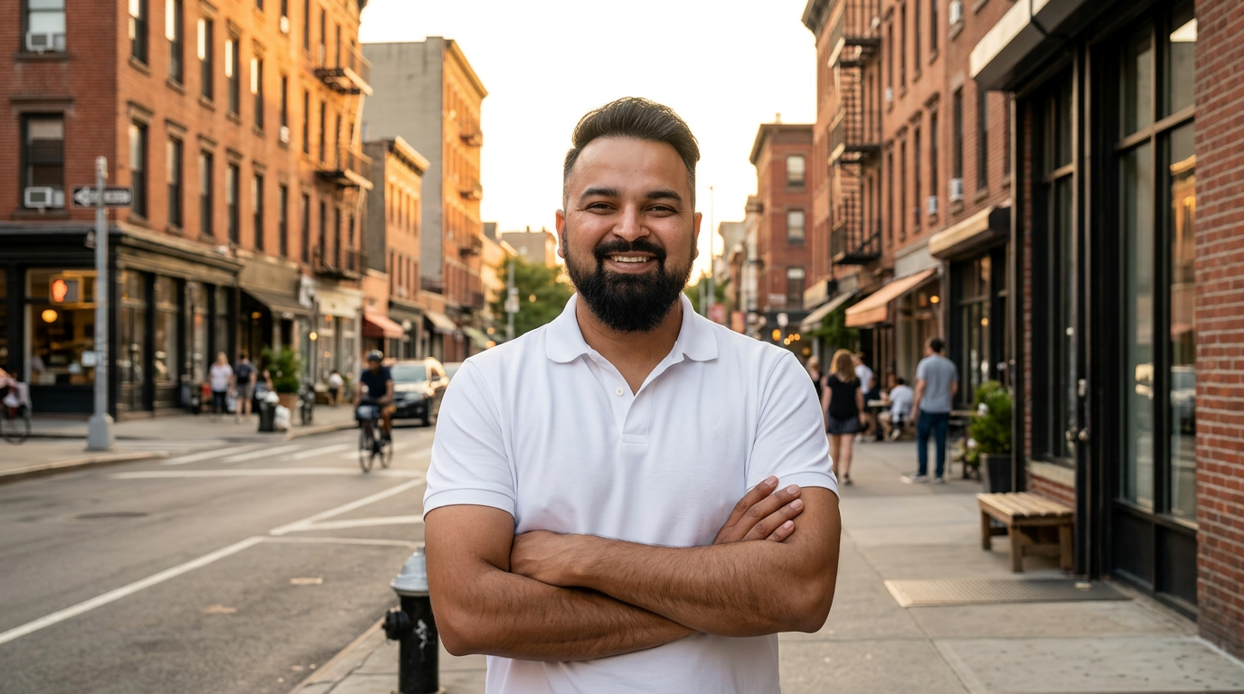 Wide angle landscape photograph of Dr. Patel standing with arms crossed and a warm smile outside a trendy Williamsburg Brooklyn storefront. White polo shirt. Industrial brick buildings and Bedford Avenue streetscape with hip cafes in background. Golden hour warm sunlight. Photorealistic editorial quality. No text, no signs, no writing.

[Character: drp]  Adult South Asian man with a medium-to-deep warm brown skin tone and a strong, professional
  appearance. Oval to slightly long face, with a broad forehead, high hairline, and a well-defined
  beard that gives the lower face a stronger, more angular shape. Dark black hair with visible gray
  at the temples and sides, worn short on the sides in a fade/taper and longer on top, styled upward
   and back in a clean, voluminous quiff/pompadour. Hairline sits a bit high, with slight recession
  at the temples. Thick, dark, straight to gently arched eyebrows. Dark brown, medium-sized,
  slightly deep-set eyes with a calm, focused look. Medium width nose, straight in profile, with a
  rounded tip. Medium fullness lips, lower lip slightly fuller. Full, connected beard and mustache,
  mostly black with noticeable gray/silver strands, especially at the cheeks, sideburn area, and
  chin. Beard is shorter and neater on the cheeks and fuller/longer at the chin. Strong and
  masculine jawline. Solid and broad-shouldered, medium-to-stocky frame. Upright, composed, and
  confident posture. Keep realistic skin texture, natural pores, subtle under-eye detail, and
  authentic salt-and-pepper facial hair. Do not make the face overly smooth or overly youthful.

Style: quiet luxury, soft cinematic lighting, warm palette, professional, clean composition. Colors: primary #7F6B2E, secondary #9BA17F. Typography: Bodoni Moda headings, Manrope body.

Avoid: cartoon, clipart, stock photo watermark, neon colors, face distortion