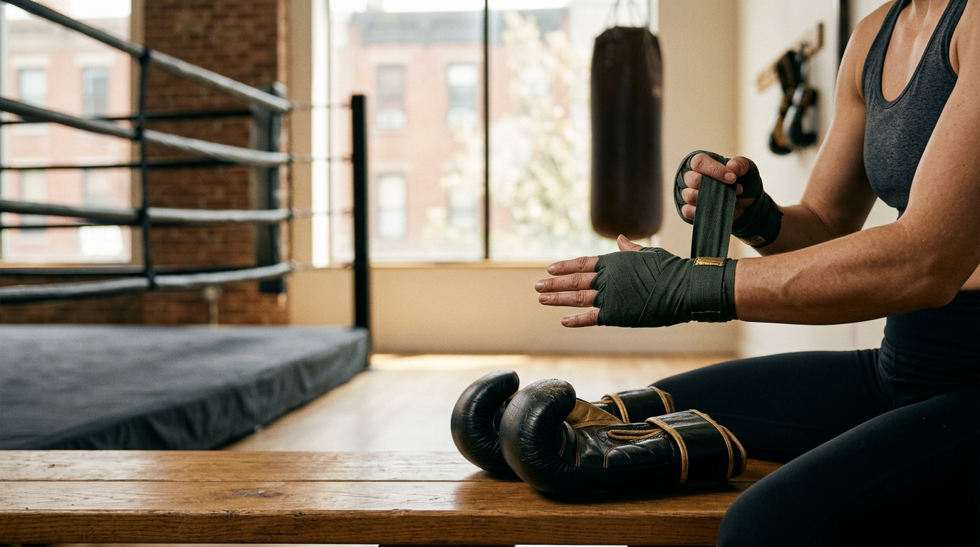 Blog hero image for a post about recovery for Muay Thai athletes at BOX ST Fitness in Greenpoint. Close-up of an athlete wrapping their hands or stretching wrists beside boxing gloves in a clean modern boxing gym. No visible faces. No doctor. No patient treatment scene. No injury drama. Premium calm athletic editorial look with enough negative space for a blog header. Avoid distorted hands, extra fingers, text, logos, watermarks, and fake medical props.

quiet luxury, soft cinematic lighting, warm palette, professional, clean composition. gold and muted warm green color tones.

Do not include: cartoon, clipart, stock photo watermark, neon colors, face distortion, white coat, lab coat, doctor coat.