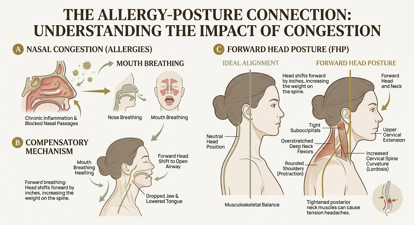 Forward head posture diagram showing allergy-posture connection, clean medical illustration, muted gold and sage accents on white background, subtle pollen particles floating, professional and educational, diagram style

Style: quiet luxury, soft cinematic lighting, warm palette, professional, clean composition. Colors: primary #7F6B2E, secondary #9BA17F. Typography: Bodoni Moda headings, Manrope body.

Avoid: cartoon, clipart, stock photo watermark, neon colors, face distortion, white coat, lab coat, doctor coat
