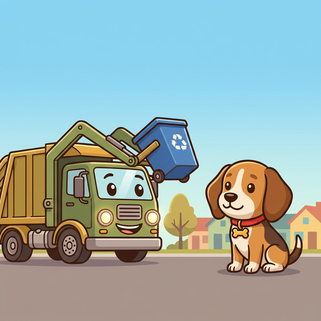 Bright cheerful full-color flat vector children picture book cover, SQUARE. TOP THIRD open plain blue sky empty. BOTTOM FIFTH plain flat road empty. MIDDLE only: the SAME chibi beagle Scout from reference, brown and tan, red collar gold tag, sitting on the right; a friendly green garbage truck lifting a blue recycling bin on the left, truck face from its own parts (round headlights are eyes, grille is the smile). Low simple colorful row houses and one tree. NO text NO letters. Bold clean outlines, flat bright colors, professional toddler picture book art.
quiet luxury, soft cinematic lighting, warm palette, professional, clean composition. gold and muted warm green color tones.
Do not include: cartoon, clipart, stock photo watermark, neon colors, face distortion, white coat, lab coat, doctor coat.