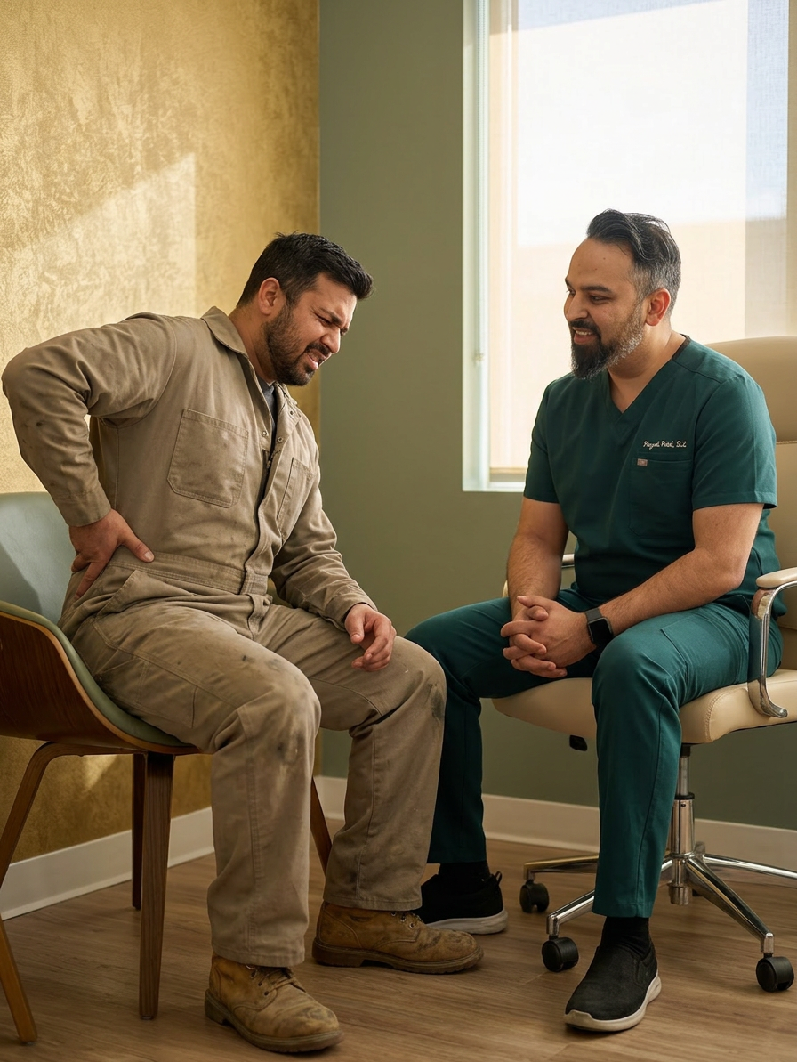 One and only one doctor, Dr. Patel, in a modern chiropractic clinic, consulting with a single warehouse logistics worker wearing simple workwear. The worker points to lower back discomfort after lifting boxes. Show exactly two people total: one doctor and one patient. No duplicate doctor, no second Dr. Patel, no mirrors, no reflections, no posters with people, no extra faces, no split-screen, no collage.

Dr. Patel is depicted as:  Adult South Asian man with a medium-to-deep warm brown skin tone and a strong, professional
  appearance. Oval to slightly long face, with a broad forehead, high hairline, and a well-defined
  beard that gives the lower face a stronger, more angular shape. Dark black hair with visible gray
  at the temples and sides, worn short on the sides in a fade/taper and longer on top, styled upward
   and back in a clean, voluminous quiff/pompadour. Hairline sits a bit high, with slight recession
  at the temples. Thick, dark, straight to gently arched eyebrows. Dark brown, medium-sized,
  slightly deep-set eyes with a calm, focused look. Medium width nose, straight in profile, with a
  rounded tip. Medium fullness lips, lower lip slightly fuller. Full, connected beard and mustache,
  mostly black with noticeable gray/silver strands, especially at the cheeks, sideburn area, and
  chin. Beard is shorter and neater on the cheeks and fuller/longer at the chin. Strong and
  masculine jawline. Solid and broad-shouldered, medium-to-stocky frame. Upright, composed, and
  confident posture. Keep realistic skin texture, natural pores, subtle under-eye detail, and
  authentic salt-and-pepper facial hair. Do not make the face overly smooth or overly youthful..

quiet luxury, soft cinematic lighting, warm palette, professional, clean composition. gold and muted warm green color tones.

Do not include: cartoon, clipart, stock photo watermark, neon colors, face distortion, white coat, lab coat, doctor coat.