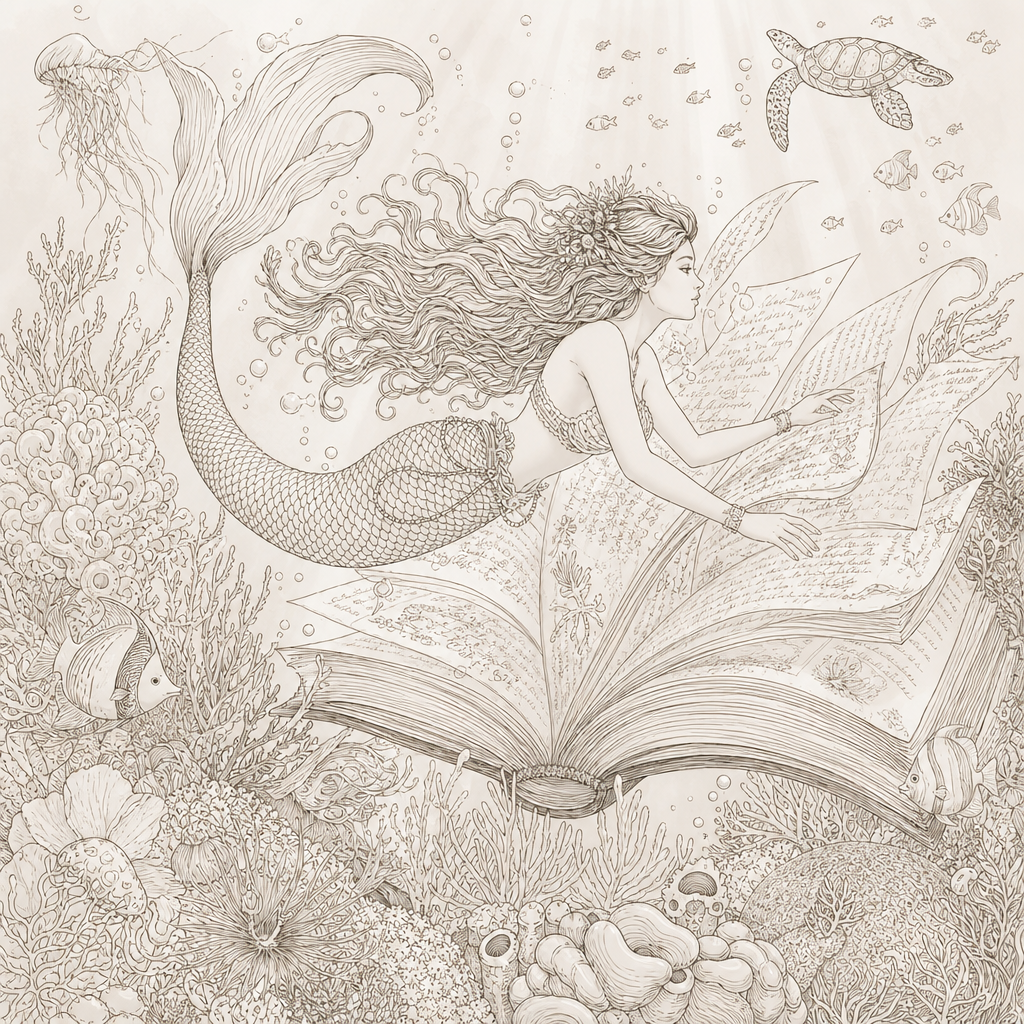 I want to create a non colored picture of a mermaid swimming through the pages of a book underwater, and there should be lots of coral and marine sea life
quiet luxury, soft cinematic lighting, pastel palette, professional, clean composition. gold and muted warm green and blue color tones.
Do not include: cartoon, clipart, stock photo watermark, neon colors, face distortion, white coat, lab coat, doctor coat.