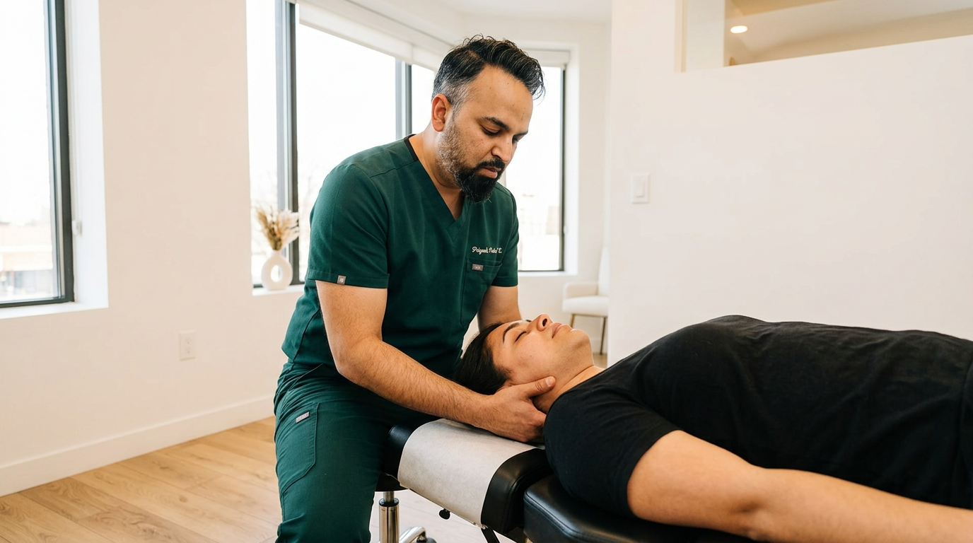 Wide angle landscape photograph of Dr. Patel, an Indian-American chiropractor in dark green scrubs, performing a gentle cervical neck adjustment on a patient lying face-up on a chiropractic treatment table. Modern clinic interior with white walls and light oak flooring. Warm professional healthcare lighting. Patient relaxed with eyes closed. Clean, minimal aesthetic. No white coat.

[Character: drp]  Adult South Asian man with a medium-to-deep warm brown skin tone and a strong, professional
  appearance. Oval to slightly long face, with a broad forehead, high hairline, and a well-defined
  beard that gives the lower face a stronger, more angular shape. Dark black hair with visible gray
  at the temples and sides, worn short on the sides in a fade/taper and longer on top, styled upward
   and back in a clean, voluminous quiff/pompadour. Hairline sits a bit high, with slight recession
  at the temples. Thick, dark, straight to gently arched eyebrows. Dark brown, medium-sized,
  slightly deep-set eyes with a calm, focused look. Medium width nose, straight in profile, with a
  rounded tip. Medium fullness lips, lower lip slightly fuller. Full, connected beard and mustache,
  mostly black with noticeable gray/silver strands, especially at the cheeks, sideburn area, and
  chin. Beard is shorter and neater on the cheeks and fuller/longer at the chin. Strong and
  masculine jawline. Solid and broad-shouldered, medium-to-stocky frame. Upright, composed, and
  confident posture. Keep realistic skin texture, natural pores, subtle under-eye detail, and
  authentic salt-and-pepper facial hair. Do not make the face overly smooth or overly youthful.

Style: quiet luxury, soft cinematic lighting, warm palette, professional, clean composition. Colors: primary #7F6B2E, secondary #9BA17F. Typography: Bodoni Moda headings, Manrope body.

Avoid: cartoon, clipart, stock photo watermark, neon colors, face distortion, white coat, lab coat, doctor coat