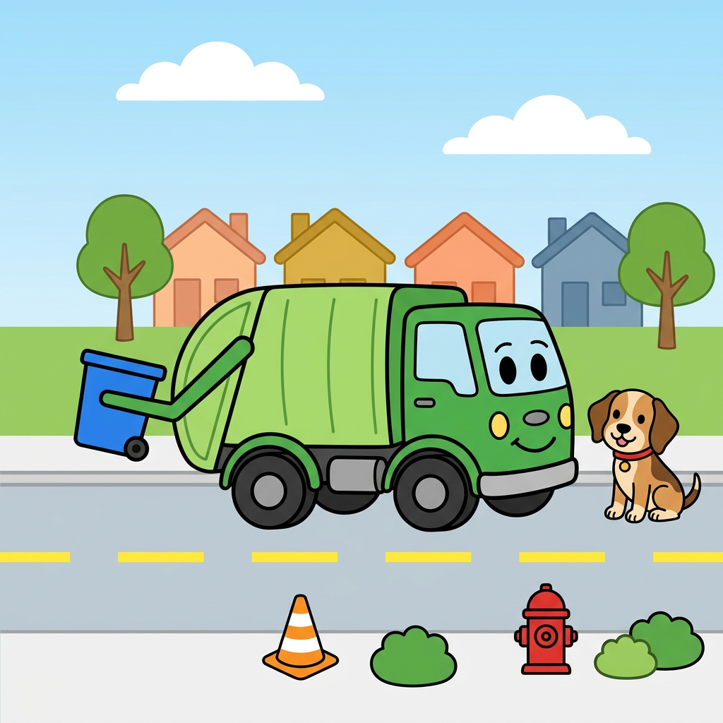 Use the attached reference image as the EXACT style, character, color and palette authority: reproduce the same smiling green cartoon garbage truck, the same tan-and-brown beagle puppy (Scout) with a red collar, and the same flat bright children's-book palette, all on-model.
A flat, bright, friendly children's vector illustration for a toddler coloring-book FRONT cover. Thick bold uniform black outlines, clean flat color fills, no shading, no texture, no photorealism, no gradients except a soft blue sky. Square, full-bleed art running to all four edges, no white border or frame.
RENDER NO TEXT: no letters, no words, no title, no badge, no signature anywhere in the image. Leave the upper ~30 percent as clean open blue sky with only a couple of simple white clouds, and keep the lower-left corner clean. All text is added later by the publisher.
Layout shifted DOWN from the top with generous empty-sky headroom. Upper-middle: a cheerful row of small colorful houses (peach, mustard-yellow, soft orange, dusty blue) with simple triangle and flat roofs plus two rounded green trees on the horizon, friendly and small. CENTER: the two hero characters large and centered as a pair, on-model with the reference. The smiling green garbage truck has its cab and friendly face on the RIGHT side (two big oval eyes and a smile on the cab), a rounded lighter-green body, chunky black wheels, and a lifting arm holding a single bright blue recycling bin on the truck's left side. Do not mirror or flip the truck. To the truck's right sits Scout, a tan-and-light-brown beagle with darker brown ears and back patch, big round black eyes with white highlights, a black button nose, a soft happy smile, and a red collar with a small round tag, sitting upright and turned slightly toward the truck.
BOTTOM ~25 percent: a LIVELY flat street scene that replaces any dead flat gray band. A light-gray road spanning the full width with a dashed bright-yellow center line, the truck's wheels resting on the road; above the road a lighter curb-and-sidewalk strip where Scout sits, giving a clear sidewalk-versus-street distinction. Scatter a FEW friendly roadside props low and with breathing room across the bottom-center and bottom-RIGHT only: an orange-and-white traffic cone, a small fire hydrant or mailbox, and two or three small round green bushes echoing the trees. Keep the lower-LEFT corner clean and empty (no cone, no hydrant, no bushes, no characters there) because a badge is added later in that corner. Exactly ONE recycling bin in the whole image, the blue one in the truck's arm; no second bin. Road and sidewalk bleed to the bottom and side edges.
Keep the truck-and-dog pair horizontally centered with comfortable empty margin from BOTH the left and right edges. The left ~150 px is the spine seam: background bleeds fully to the left edge with no white gap, but that strip stays plain continuous color only, plain sky on top and plain road/sidewalk on the bottom, with no houses, trees, props, bins or characters in it; the truck's rear must stay out of that left strip.
Vivid primary palette: red, sky blue, grass green, sunny yellow, warm tan. Repeat green (truck, trees, bushes) and blue (sky, the single bin). Sunny, safe, playful morning-on-a-friendly-street mood, big shapes, lots of air, uncluttered for ages 2 to 4. Flat bright fills and thick black outlines throughout. No new characters, no extra trucks, no text.
quiet luxury, soft cinematic lighting, warm palette, professional, clean composition. gold and muted warm green color tones.
Do not include: cartoon, clipart, stock photo watermark, neon colors, face distortion, white coat, lab coat, doctor coat.