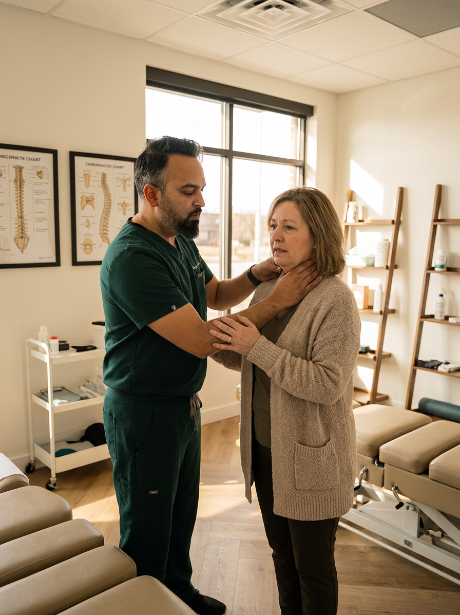 @drp, a male chiropractor in dark green scrubs, gently examining the neck and checking the balance of a middle-aged female patient who looks slightly unsteady, both in a bright modern chiropractic clinic, warm natural light, calm reassuring mood, professional documentary photograph
Dr. Patel: Adult South Asian man with a medium-to-deep warm brown skin tone and a strong, professional
appearance. Oval to slightly long face, with a broad forehead, high hairline, and a well-defined
beard that gives the lower face a stronger, more angular shape. Dark black hair with visible gray
at the temples and sides, worn short on the sides in a fade/taper and longer on top, styled upward
and back in a clean, voluminous quiff/pompadour. Hairline sits a bit high, with slight recession
at the temples. Thick, dark, straight to gently arched eyebrows. Dark brown, medium-sized,
slightly deep-set eyes with a calm, focused look. Medium width nose, straight in profile, with a
rounded tip. Medium fullness lips, lower lip slightly fuller. Full, connected beard and mustache,
mostly black with noticeable gray/silver strands, especially at the cheeks, sideburn area, and
chin. Beard is shorter and neater on the cheeks and fuller/longer at the chin. Strong and
masculine jawline. Solid and broad-shouldered, medium-to-stocky frame. Upright, composed, and
confident posture. Keep realistic skin texture, natural pores, subtle under-eye detail, and
authentic salt-and-pepper facial hair. Do not make the face overly smooth or overly youthful.
Treatment Room: A modern, narrow rectangular chiropractic treatment room with a clean, minimal, upscale clinical look. The room has bright matte white walls, a white ceiling, white baseboards, and light natural oak wood plank flooring with a soft warm tone. The overall design is simple, uncluttered, and professional, with a calm medical aesthetic rather than a spa aesthetic.
The central focal point of the room is a premium chiropractic treatment table placed lengthwise in the middle of the room. The table has dark charcoal or deep gray padding, a light gray to off-white metal frame, and multiple bright yellow adjustment levers and handles. The table is large, segmented, and clearly a specialized chiropractic table, not a massage table.
Along the main wall are three vertically oriented framed anatomy posters in thin black frames with white mats. The posters show classic medical anatomical illustrations, including the muscular system, skeletal system, and spinal nerves. They are evenly spaced and mounted in a straight horizontal row above and behind the table, creating a clean visual rhythm.
Near the back corner of the room is a narrow leaning ladder shelf with a black metal frame and light wood shelves. The shelf holds a small number of clinical and office items such as tissues, paper towels, wipes, baskets, and small containers. Beside the shelf is a round rolling stool with a dark padded seat and chrome base.
On one side of the room is a simple desk area with a light-colored office chair, computer equipment, and a few practical work items, but this area should remain secondary and not dominate the image. On the opposite end of the room is a white wall-mounted cabinet and a compact rolling clinical utility cart with electrotherapy or rehab equipment, folded towels, wires, and supplies.
The room also includes a black door with a tall rounded-rectangle vertical window, adding a modern architectural detail. A few visible cords and small clinical devices are acceptable, but the room should still feel tidy, intentional, and professional.
Lighting is bright, neutral-to-cool clinical overhead lighting with soft natural realism. The room should feel real, functional, and high-end, with clean lines, minimal decor, and a polished chiropractic practice atmosphere.
quiet luxury, soft cinematic lighting, warm palette, professional, clean composition. gold and muted warm green color tones.
Do not include: cartoon, clipart, stock photo watermark, neon colors, face distortion, white coat, lab coat, doctor coat.