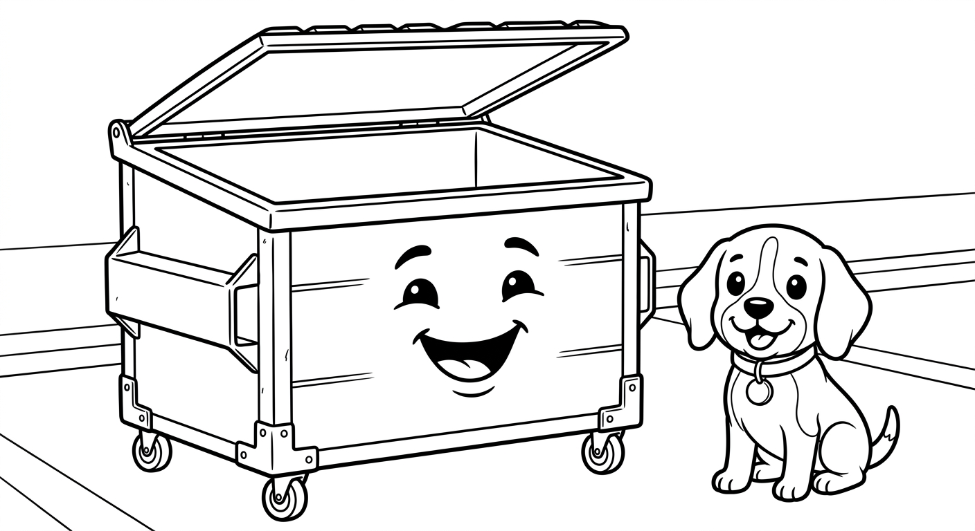 Black and white coloring book page for toddlers. The SAME chibi beagle puppy Scout from the reference image, identical face and collar with round tag, sitting next to a large INDUSTRIAL METAL DUMPSTER (a big commercial trash container, rectangular with a slanted hinged lid open at the top and small caster wheels at the bottom), clearly a big metal dumpster and not a small box, with a friendly face on the front. The dumpster is much bigger than Scout. Pure black and white line art, every object WHITE inside with black outlines only, NO solid black fills, NO text or letters.
quiet luxury, soft cinematic lighting, warm palette, professional, clean composition. gold and muted warm green color tones.
Do not include: cartoon, clipart, stock photo watermark, neon colors, face distortion, white coat, lab coat, doctor coat.