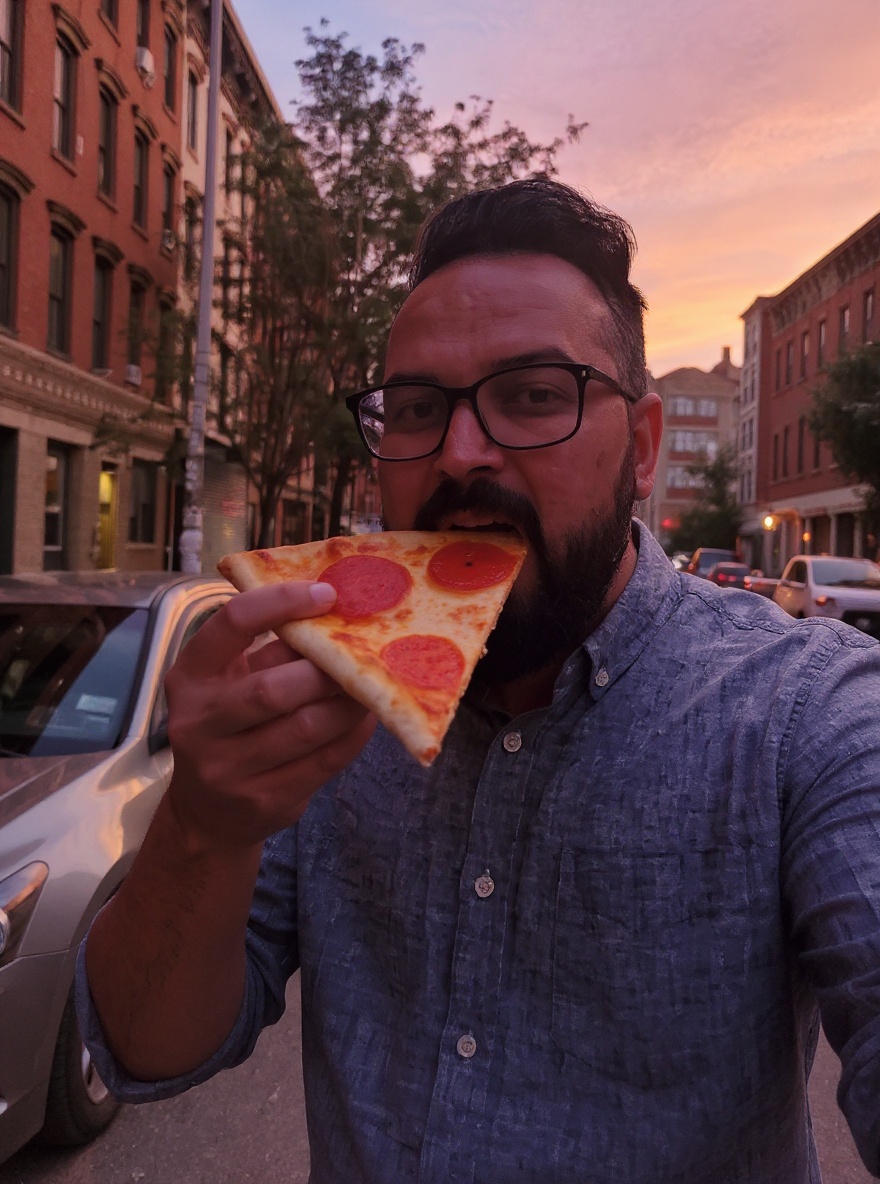 this person eating a pizza.