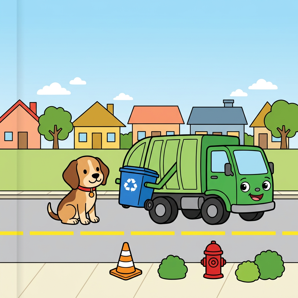 Use the attached reference image as the EXACT style, character, color and palette authority: reproduce the same smiling green cartoon garbage truck, the same tan-and-brown beagle puppy (Scout) with a red collar, and the same flat bright children's-book palette, all on-model.
A flat, bright, friendly children's vector illustration for a toddler coloring-book FRONT cover. Thick bold uniform black outlines, clean flat color fills, no shading, no texture, no photorealism, no gradients except a soft blue sky. Square, full-bleed art running to all four edges, no white border or frame.
RENDER NO TEXT: no letters, no words, no title, no badge, no signature anywhere in the image. All text is added later by the publisher.
CRITICAL VERTICAL LAYOUT — the whole scene is pushed DOWN to leave a big empty sky at the top. The TOP ~38 percent of the image MUST be empty open blue sky (lighter at the very top) with only two or three small simple white clouds, and NOTHING else up there: no houses, no rooftops, no trees, no title. This tall empty sky is deliberate headroom for a title added later. The row of houses and the horizon must start no higher than about 42 percent down from the top. Rough budget: empty sky 0 to 40 percent, houses and treetops on the horizon about 40 to 52 percent, the two hero characters centered in the 48 to 74 percent band, and the street scene from about 74 to 100 percent.
Upper-middle (around 40 to 52 percent down): a cheerful row of small colorful houses (peach, mustard-yellow, soft orange, dusty blue) with simple triangle and flat roofs plus two rounded green trees, friendly and small, sitting low on the horizon. CENTER: the two hero characters large and centered as a pair, on-model with the reference. The smiling green garbage truck has its cab and friendly face on the RIGHT side (two big oval eyes and a smile on the cab), a rounded lighter-green body, chunky black wheels, and a lifting arm holding a single bright blue recycling bin on the truck's left side. Do not mirror or flip the truck. To the truck's right sits Scout, a tan-and-light-brown beagle with darker brown ears and back patch, big round black eyes with white highlights, a black button nose, a soft happy smile, and a red collar with a small round tag, sitting upright and turned slightly toward the truck.
BOTTOM (about 74 to 100 percent): a LIVELY flat street scene that replaces any dead flat gray band. A light-gray road spanning the full width with a dashed bright-yellow center line, the truck's wheels resting on the road; above the road a lighter curb-and-sidewalk strip where Scout sits. Scatter a FEW friendly roadside props with breathing room across the bottom-center and bottom-RIGHT only: an orange-and-white traffic cone, a small fire hydrant or mailbox, and two or three small round green bushes. Keep the lower-LEFT corner clean and empty (no cone, no hydrant, no bushes, no characters) because a badge is added later in that corner. Exactly ONE recycling bin in the whole image, the blue one in the truck's arm; no second bin. Road and sidewalk bleed to the bottom and side edges.
Keep the truck-and-dog pair horizontally centered with comfortable empty margin from BOTH the left and right edges. The left ~150 px is the spine seam: background bleeds fully to the left edge with no white gap, but that strip stays plain continuous color only, plain sky on top and plain road/sidewalk on the bottom, with no houses, trees, props, bins or characters in it; the truck's rear must stay out of that left strip.
Vivid primary palette: red, sky blue, grass green, sunny yellow, warm tan. Repeat green (truck, trees, bushes) and blue (sky, the single bin). Sunny, safe, playful morning-on-a-friendly-street mood, big shapes, lots of air, uncluttered for ages 2 to 4. Flat bright fills and thick black outlines throughout. No new characters, no extra trucks, no text.
quiet luxury, soft cinematic lighting, warm palette, professional, clean composition. gold and muted warm green color tones.
Do not include: cartoon, clipart, stock photo watermark, neon colors, face distortion, white coat, lab coat, doctor coat.