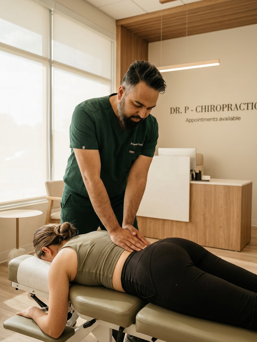 @drp performing a chiropractic adjustment on a patients lower back in a bright modern clinic

[Character: drp]  Adult South Asian man with a medium-to-deep warm brown skin tone and a strong, professional
  appearance. Oval to slightly long face, with a broad forehead, high hairline, and a well-defined
  beard that gives the lower face a stronger, more angular shape. Dark black hair with visible gray
  at the temples and sides, worn short on the sides in a fade/taper and longer on top, styled upward
   and back in a clean, voluminous quiff/pompadour. Hairline sits a bit high, with slight recession
  at the temples. Thick, dark, straight to gently arched eyebrows. Dark brown, medium-sized,
  slightly deep-set eyes with a calm, focused look. Medium width nose, straight in profile, with a
  rounded tip. Medium fullness lips, lower lip slightly fuller. Full, connected beard and mustache,
  mostly black with noticeable gray/silver strands, especially at the cheeks, sideburn area, and
  chin. Beard is shorter and neater on the cheeks and fuller/longer at the chin. Strong and
  masculine jawline. Solid and broad-shouldered, medium-to-stocky frame. Upright, composed, and
  confident posture. Keep realistic skin texture, natural pores, subtle under-eye detail, and
  authentic salt-and-pepper facial hair. Do not make the face overly smooth or overly youthful.

Style: quiet luxury, soft cinematic lighting, warm palette, professional, clean composition. Colors: primary #7F6B2E, secondary #9BA17F. Typography: Bodoni Moda headings, Manrope body.

Avoid: cartoon, clipart, stock photo watermark, neon colors, face distortion