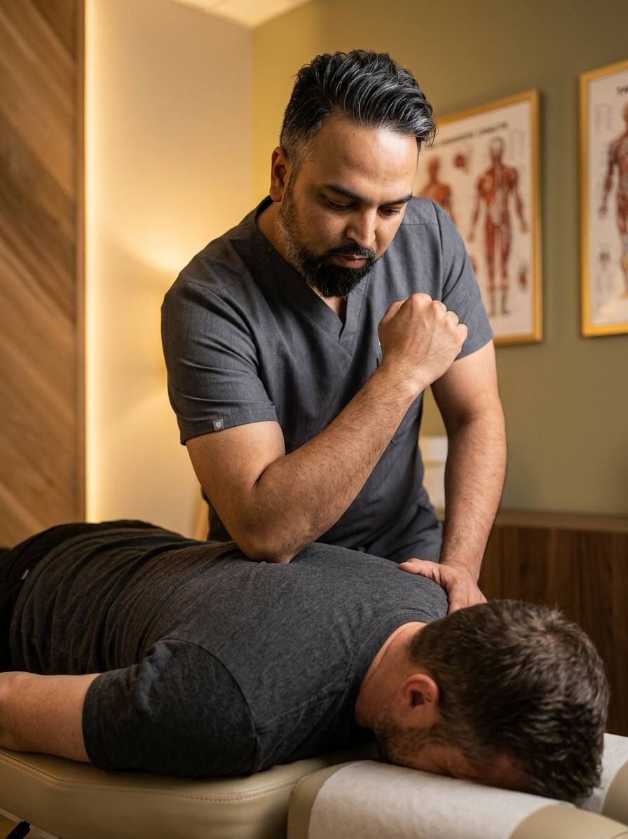 Create a realistic chiropractic blog image using the reference only for the elbow-treatment composition, clinic setting, and treatment-table angle. Show Dr. Patel as the standing clinician using his elbow and proximal forearm to apply controlled deep tissue pressure through the fabric of a patient upper back/trapezius area, with the other hand stabilizing nearby. The clinician is Dr. Patel from the stored character reference. Make him look like a natural early-to-mid 40s professional, slightly more mature than 41 but not elderly: mostly dark hair and beard, moderate natural gray at the temples and beard, healthy skin, no exaggerated aging. The patient must remain fully clothed in a simple dark gray or charcoal t-shirt, lying face down on the treatment table, face mostly turned away, clearly a different adult from Dr. Patel. No bare back, no shirtless patient, no exposed torso. Do not put Dr. Patel face on the patient. No self-treatment. Professional clinic setting. No extra limbs, no distorted hands, no text.
Dr. Patel is depicted as: Adult South Asian man with a medium-to-deep warm brown skin tone and a strong, professional
appearance. Oval to slightly long face, with a broad forehead, high hairline, and a well-defined
beard that gives the lower face a stronger, more angular shape. Dark black hair with visible gray
at the temples and sides, worn short on the sides in a fade/taper and longer on top, styled upward
and back in a clean, voluminous quiff/pompadour. Hairline sits a bit high, with slight recession
at the temples. Thick, dark, straight to gently arched eyebrows. Dark brown, medium-sized,
slightly deep-set eyes with a calm, focused look. Medium width nose, straight in profile, with a
rounded tip. Medium fullness lips, lower lip slightly fuller. Full, connected beard and mustache,
mostly black with noticeable gray/silver strands, especially at the cheeks, sideburn area, and
chin. Beard is shorter and neater on the cheeks and fuller/longer at the chin. Strong and
masculine jawline. Solid and broad-shouldered, medium-to-stocky frame. Upright, composed, and
confident posture. Keep realistic skin texture, natural pores, subtle under-eye detail, and
authentic salt-and-pepper facial hair. Do not make the face overly smooth or overly youthful..
quiet luxury, soft cinematic lighting, warm palette, professional, clean composition. gold and muted warm green color tones.
Do not include: cartoon, clipart, stock photo watermark, neon colors, face distortion, white coat, lab coat, doctor coat.