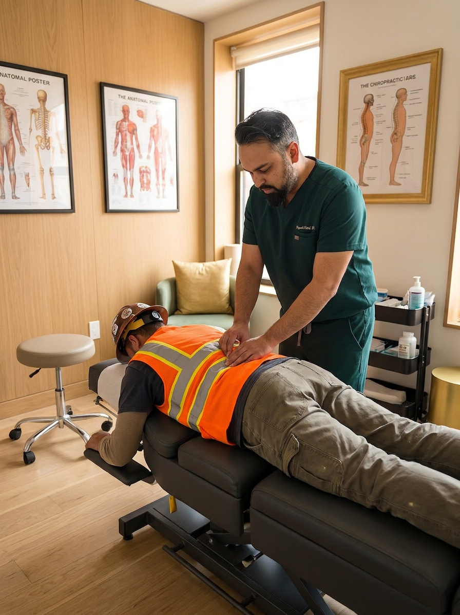 @drp Dr. Patel in dark green scrubs examining the lower back of a construction worker wearing a hard hat and high-visibility vest in the Brooklyn Chiropractic Care clinic, treatment table, warm natural lighting, landscape wide angle, photorealistic professional medical photography

Dr. Patel:  Adult South Asian man with a medium-to-deep warm brown skin tone and a strong, professional
  appearance. Oval to slightly long face, with a broad forehead, high hairline, and a well-defined
  beard that gives the lower face a stronger, more angular shape. Dark black hair with visible gray
  at the temples and sides, worn short on the sides in a fade/taper and longer on top, styled upward
   and back in a clean, voluminous quiff/pompadour. Hairline sits a bit high, with slight recession
  at the temples. Thick, dark, straight to gently arched eyebrows. Dark brown, medium-sized,
  slightly deep-set eyes with a calm, focused look. Medium width nose, straight in profile, with a
  rounded tip. Medium fullness lips, lower lip slightly fuller. Full, connected beard and mustache,
  mostly black with noticeable gray/silver strands, especially at the cheeks, sideburn area, and
  chin. Beard is shorter and neater on the cheeks and fuller/longer at the chin. Strong and
  masculine jawline. Solid and broad-shouldered, medium-to-stocky frame. Upright, composed, and
  confident posture. Keep realistic skin texture, natural pores, subtle under-eye detail, and
  authentic salt-and-pepper facial hair. Do not make the face overly smooth or overly youthful.
Treatment Room: A modern, narrow rectangular chiropractic treatment room with a clean, minimal, upscale clinical look. The room has bright matte white walls, a white ceiling, white baseboards, and light natural oak wood plank flooring with a soft warm tone. The overall design is simple, uncluttered, and professional, with a calm medical aesthetic rather than a spa aesthetic.

The central focal point of the room is a premium chiropractic treatment table placed lengthwise in the middle of the room. The table has dark charcoal or deep gray padding, a light gray to off-white metal frame, and multiple bright yellow adjustment levers and handles. The table is large, segmented, and clearly a specialized chiropractic table, not a massage table.

Along the main wall are three vertically oriented framed anatomy posters in thin black frames with white mats. The posters show classic medical anatomical illustrations, including the muscular system, skeletal system, and spinal nerves. They are evenly spaced and mounted in a straight horizontal row above and behind the table, creating a clean visual rhythm.

Near the back corner of the room is a narrow leaning ladder shelf with a black metal frame and light wood shelves. The shelf holds a small number of clinical and office items such as tissues, paper towels, wipes, baskets, and small containers. Beside the shelf is a round rolling stool with a dark padded seat and chrome base.

On one side of the room is a simple desk area with a light-colored office chair, computer equipment, and a few practical work items, but this area should remain secondary and not dominate the image. On the opposite end of the room is a white wall-mounted cabinet and a compact rolling clinical utility cart with electrotherapy or rehab equipment, folded towels, wires, and supplies.

The room also includes a black door with a tall rounded-rectangle vertical window, adding a modern architectural detail. A few visible cords and small clinical devices are acceptable, but the room should still feel tidy, intentional, and professional.

Lighting is bright, neutral-to-cool clinical overhead lighting with soft natural realism. The room should feel real, functional, and high-end, with clean lines, minimal decor, and a polished chiropractic practice atmosphere.

quiet luxury, soft cinematic lighting, warm palette, professional, clean composition. gold and muted warm green color tones.

Do not include: cartoon, clipart, stock photo watermark, neon colors, face distortion, white coat, lab coat, doctor coat.