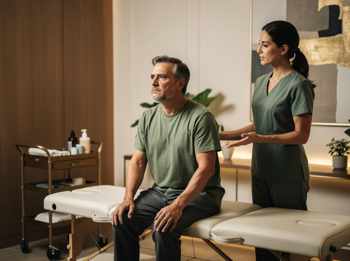 Realistic premium photo inside a modern chiropractic clinic, adult seated on exam table with visible upper back and neck tension from stress, shoulders slightly raised, hands resting naturally, thoughtful expression, chiropractor nearby in a calm supportive posture, clean bright composition, believable anatomy, no text, no logo, no collage, no exaggerated pain pose, no distorted hands or fingers

Style: quiet luxury, soft cinematic lighting, warm palette, professional, clean composition. Colors: primary #7F6B2E, secondary #9BA17F. Typography: Bodoni Moda headings, Manrope body.

Avoid: cartoon, clipart, stock photo watermark, neon colors, face distortion, white coat, lab coat, doctor coat
