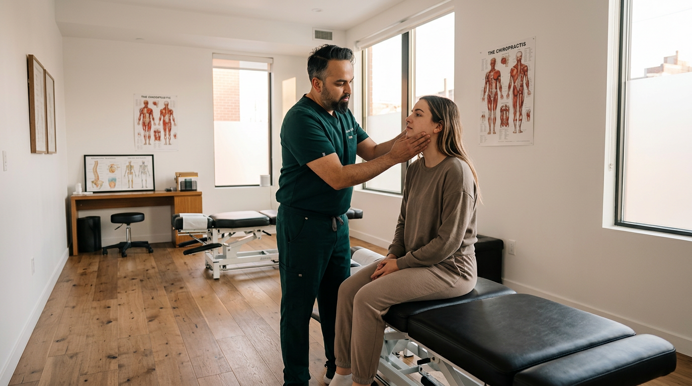 wide angle landscape photo of Dr. Patel, a South Asian male chiropractor in dark green scrubs, gently examining a female patient jaw and neck area in a modern chiropractic clinic with white walls and oak wood floors, patient sitting on treatment table, warm natural lighting, professional medical setting, no white coat

[Character: drp]  Adult South Asian man with a medium-to-deep warm brown skin tone and a strong, professional
  appearance. Oval to slightly long face, with a broad forehead, high hairline, and a well-defined
  beard that gives the lower face a stronger, more angular shape. Dark black hair with visible gray
  at the temples and sides, worn short on the sides in a fade/taper and longer on top, styled upward
   and back in a clean, voluminous quiff/pompadour. Hairline sits a bit high, with slight recession
  at the temples. Thick, dark, straight to gently arched eyebrows. Dark brown, medium-sized,
  slightly deep-set eyes with a calm, focused look. Medium width nose, straight in profile, with a
  rounded tip. Medium fullness lips, lower lip slightly fuller. Full, connected beard and mustache,
  mostly black with noticeable gray/silver strands, especially at the cheeks, sideburn area, and
  chin. Beard is shorter and neater on the cheeks and fuller/longer at the chin. Strong and
  masculine jawline. Solid and broad-shouldered, medium-to-stocky frame. Upright, composed, and
  confident posture. Keep realistic skin texture, natural pores, subtle under-eye detail, and
  authentic salt-and-pepper facial hair. Do not make the face overly smooth or overly youthful.

Style: quiet luxury, soft cinematic lighting, warm palette, professional, clean composition. Colors: primary #7F6B2E, secondary #9BA17F. Typography: Bodoni Moda headings, Manrope body.

Avoid: cartoon, clipart, stock photo watermark, neon colors, face distortion, white coat, lab coat, doctor coat