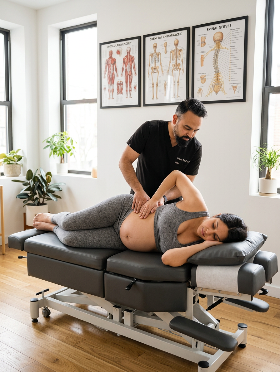 Dr. Patel performing a gentle prenatal chiropractic adjustment on a pregnant woman in her second trimester. She is lying on her side on a specialized pregnancy chiropractic table with a belly cutout/pillow support. She is wearing comfortable maternity activewear (soft heather grey leggings and a fitted maternity top). Dr. Patel is wearing dark scrubs (no white coat), positioned beside the table, hands placed gently on her lower back/pelvis area, calm focused expression. Bright modern Brooklyn chiropractic clinic interior with white walls, oak wood floors, large windows with natural daylight, plants and minimal decor. Warm professional medical photography, shallow depth of field, magazine quality, hopeful and reassuring atmosphere. Editorial healthcare photography.

Dr. Patel:  Adult South Asian man with a medium-to-deep warm brown skin tone and a strong, professional
  appearance. Oval to slightly long face, with a broad forehead, high hairline, and a well-defined
  beard that gives the lower face a stronger, more angular shape. Dark black hair with visible gray
  at the temples and sides, worn short on the sides in a fade/taper and longer on top, styled upward
   and back in a clean, voluminous quiff/pompadour. Hairline sits a bit high, with slight recession
  at the temples. Thick, dark, straight to gently arched eyebrows. Dark brown, medium-sized,
  slightly deep-set eyes with a calm, focused look. Medium width nose, straight in profile, with a
  rounded tip. Medium fullness lips, lower lip slightly fuller. Full, connected beard and mustache,
  mostly black with noticeable gray/silver strands, especially at the cheeks, sideburn area, and
  chin. Beard is shorter and neater on the cheeks and fuller/longer at the chin. Strong and
  masculine jawline. Solid and broad-shouldered, medium-to-stocky frame. Upright, composed, and
  confident posture. Keep realistic skin texture, natural pores, subtle under-eye detail, and
  authentic salt-and-pepper facial hair. Do not make the face overly smooth or overly youthful.
Treatment Room: A modern, narrow rectangular chiropractic treatment room with a clean, minimal, upscale clinical look. The room has bright matte white walls, a white ceiling, white baseboards, and light natural oak wood plank flooring with a soft warm tone. The overall design is simple, uncluttered, and professional, with a calm medical aesthetic rather than a spa aesthetic.

The central focal point of the room is a premium chiropractic treatment table placed lengthwise in the middle of the room. The table has dark charcoal or deep gray padding, a light gray to off-white metal frame, and multiple bright yellow adjustment levers and handles. The table is large, segmented, and clearly a specialized chiropractic table, not a massage table.

Along the main wall are three vertically oriented framed anatomy posters in thin black frames with white mats. The posters show classic medical anatomical illustrations, including the muscular system, skeletal system, and spinal nerves. They are evenly spaced and mounted in a straight horizontal row above and behind the table, creating a clean visual rhythm.

Near the back corner of the room is a narrow leaning ladder shelf with a black metal frame and light wood shelves. The shelf holds a small number of clinical and office items such as tissues, paper towels, wipes, baskets, and small containers. Beside the shelf is a round rolling stool with a dark padded seat and chrome base.

On one side of the room is a simple desk area with a light-colored office chair, computer equipment, and a few practical work items, but this area should remain secondary and not dominate the image. On the opposite end of the room is a white wall-mounted cabinet and a compact rolling clinical utility cart with electrotherapy or rehab equipment, folded towels, wires, and supplies.

The room also includes a black door with a tall rounded-rectangle vertical window, adding a modern architectural detail. A few visible cords and small clinical devices are acceptable, but the room should still feel tidy, intentional, and professional.

Lighting is bright, neutral-to-cool clinical overhead lighting with soft natural realism. The room should feel real, functional, and high-end, with clean lines, minimal decor, and a polished chiropractic practice atmosphere.

quiet luxury, soft cinematic lighting, warm palette, professional, clean composition. gold and muted warm green color tones.

Do not include: cartoon, clipart, stock photo watermark, neon colors, face distortion, white coat, lab coat, doctor coat.