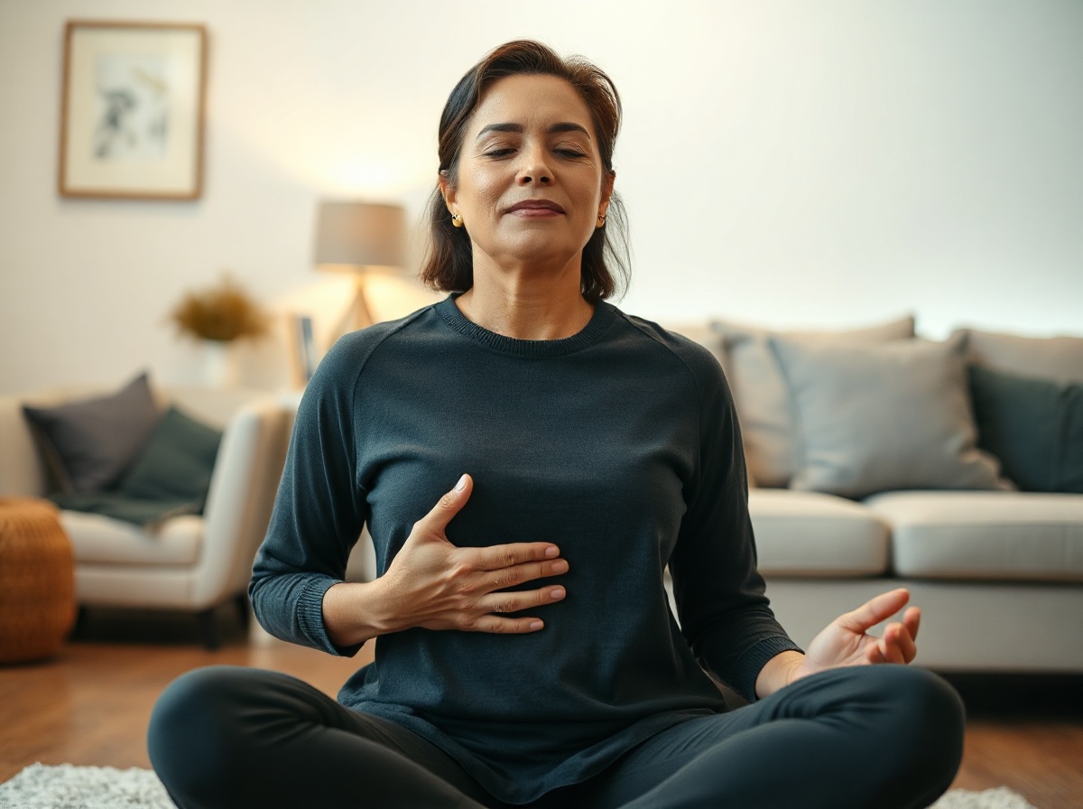 Casually dressed patient in a clean chiropractic clinic or calm home setting, seated upright practicing slow breathing with hands on lower ribs, comfortable relaxed expression, no white coat, no doctor, no medical diagrams, no nerve graphics
quiet luxury, soft cinematic lighting, warm palette, professional, clean composition. gold and muted warm green color tones.
Do not include: cartoon, clipart, stock photo watermark, neon colors, face distortion, white coat, lab coat, doctor coat.