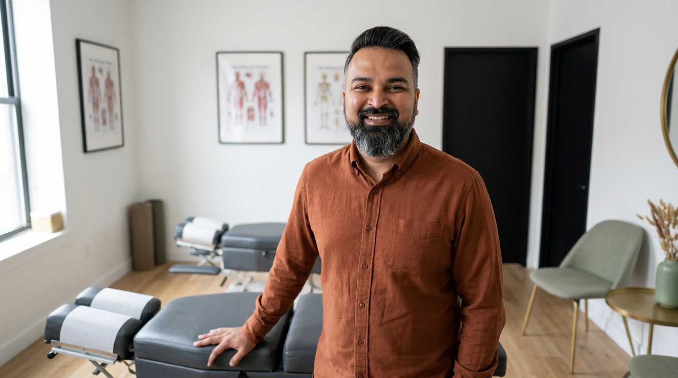 wide angle, landscape, no text, no signs, no writing, Dr. Priyank Patel, chiropractor, mid-shot portrait, face clearly in focus and prominent, standing in his Brooklyn chiropractic treatment room, wearing a warm-toned soft button-down shirt (no white coat, no lab coat), relaxed confident posture, slight warm genuine smile, looking directly toward the camera, one hand resting naturally on the adjustment table, soft directional natural light from a nearby window, shallow depth of field with the treatment room softly visible behind, wood tones and neutral earth-tones in the background, muted sage green and warm gold BCC brand accents, editorial photography aesthetic, natural skin tones, approachable professional portrait, photorealistic, subject fills center of frame

Dr. Patel:  Adult South Asian man with a medium-to-deep warm brown skin tone and a strong, professional
  appearance. Oval to slightly long face, with a broad forehead, high hairline, and a well-defined
  beard that gives the lower face a stronger, more angular shape. Dark black hair with visible gray
  at the temples and sides, worn short on the sides in a fade/taper and longer on top, styled upward
   and back in a clean, voluminous quiff/pompadour. Hairline sits a bit high, with slight recession
  at the temples. Thick, dark, straight to gently arched eyebrows. Dark brown, medium-sized,
  slightly deep-set eyes with a calm, focused look. Medium width nose, straight in profile, with a
  rounded tip. Medium fullness lips, lower lip slightly fuller. Full, connected beard and mustache,
  mostly black with noticeable gray/silver strands, especially at the cheeks, sideburn area, and
  chin. Beard is shorter and neater on the cheeks and fuller/longer at the chin. Strong and
  masculine jawline. Solid and broad-shouldered, medium-to-stocky frame. Upright, composed, and
  confident posture. Keep realistic skin texture, natural pores, subtle under-eye detail, and
  authentic salt-and-pepper facial hair. Do not make the face overly smooth or overly youthful.
Treatment Room: A modern, narrow rectangular chiropractic treatment room with a clean, minimal, upscale clinical look. The room has bright matte white walls, a white ceiling, white baseboards, and light natural oak wood plank flooring with a soft warm tone. The overall design is simple, uncluttered, and professional, with a calm medical aesthetic rather than a spa aesthetic.

The central focal point of the room is a premium chiropractic treatment table placed lengthwise in the middle of the room. The table has dark charcoal or deep gray padding, a light gray to off-white metal frame, and multiple bright yellow adjustment levers and handles. The table is large, segmented, and clearly a specialized chiropractic table, not a massage table.

Along the main wall are three vertically oriented framed anatomy posters in thin black frames with white mats. The posters show classic medical anatomical illustrations, including the muscular system, skeletal system, and spinal nerves. They are evenly spaced and mounted in a straight horizontal row above and behind the table, creating a clean visual rhythm.

Near the back corner of the room is a narrow leaning ladder shelf with a black metal frame and light wood shelves. The shelf holds a small number of clinical and office items such as tissues, paper towels, wipes, baskets, and small containers. Beside the shelf is a round rolling stool with a dark padded seat and chrome base.

On one side of the room is a simple desk area with a light-colored office chair, computer equipment, and a few practical work items, but this area should remain secondary and not dominate the image. On the opposite end of the room is a white wall-mounted cabinet and a compact rolling clinical utility cart with electrotherapy or rehab equipment, folded towels, wires, and supplies.

The room also includes a black door with a tall rounded-rectangle vertical window, adding a modern architectural detail. A few visible cords and small clinical devices are acceptable, but the room should still feel tidy, intentional, and professional.

Lighting is bright, neutral-to-cool clinical overhead lighting with soft natural realism. The room should feel real, functional, and high-end, with clean lines, minimal decor, and a polished chiropractic practice atmosphere.

quiet luxury, soft cinematic lighting, warm palette, professional, clean composition. gold and muted warm green color tones.

Do not include: cartoon, clipart, stock photo watermark, neon colors, face distortion, white coat, lab coat, doctor coat.