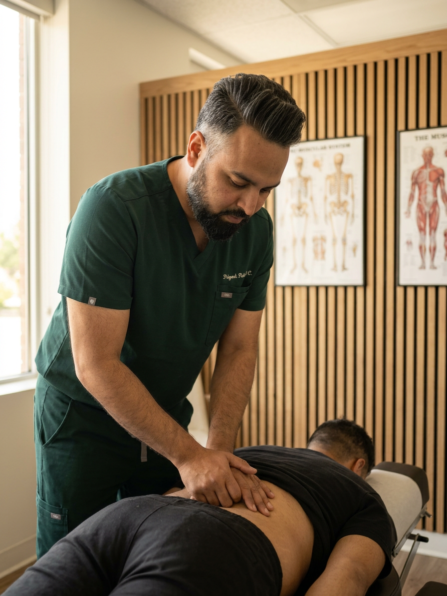 @drp performing a chiropractic adjustment on a patients lower back, clinic setting with warm natural light, wood slat wall partition, anatomy posters on the wall, no text or signage visible, Brooklyn Chiropractic Care

[Character: drp]  Adult South Asian man with a medium-to-deep warm brown skin tone and a strong, professional
  appearance. Oval to slightly long face, with a broad forehead, high hairline, and a well-defined
  beard that gives the lower face a stronger, more angular shape. Dark black hair with visible gray
  at the temples and sides, worn short on the sides in a fade/taper and longer on top, styled upward
   and back in a clean, voluminous quiff/pompadour. Hairline sits a bit high, with slight recession
  at the temples. Thick, dark, straight to gently arched eyebrows. Dark brown, medium-sized,
  slightly deep-set eyes with a calm, focused look. Medium width nose, straight in profile, with a
  rounded tip. Medium fullness lips, lower lip slightly fuller. Full, connected beard and mustache,
  mostly black with noticeable gray/silver strands, especially at the cheeks, sideburn area, and
  chin. Beard is shorter and neater on the cheeks and fuller/longer at the chin. Strong and
  masculine jawline. Solid and broad-shouldered, medium-to-stocky frame. Upright, composed, and
  confident posture. Keep realistic skin texture, natural pores, subtle under-eye detail, and
  authentic salt-and-pepper facial hair. Do not make the face overly smooth or overly youthful.

Style: quiet luxury, soft cinematic lighting, warm palette, professional, clean composition. Colors: primary #7F6B2E, secondary #9BA17F. Typography: Bodoni Moda headings, Manrope body.

Avoid: cartoon, clipart, stock photo watermark, neon colors, face distortion