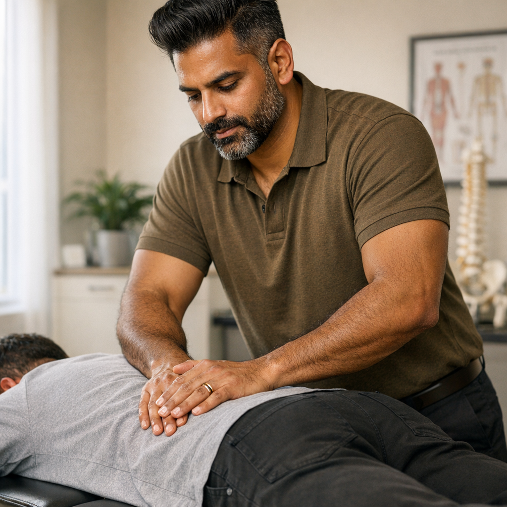 @DRP performing a chiropractic adjustment on a patients lower back in a bright modern clinic treatment room

[Character: drp]  Adult South Asian man with a medium-to-deep warm brown skin tone and a strong, professional
  appearance. Oval to slightly long face, with a broad forehead, high hairline, and a well-defined
  beard that gives the lower face a stronger, more angular shape. Dark black hair with visible gray
  at the temples and sides, worn short on the sides in a fade/taper and longer on top, styled upward
   and back in a clean, voluminous quiff/pompadour. Hairline sits a bit high, with slight recession
  at the temples. Thick, dark, straight to gently arched eyebrows. Dark brown, medium-sized,
  slightly deep-set eyes with a calm, focused look. Medium width nose, straight in profile, with a
  rounded tip. Medium fullness lips, lower lip slightly fuller. Full, connected beard and mustache,
  mostly black with noticeable gray/silver strands, especially at the cheeks, sideburn area, and
  chin. Beard is shorter and neater on the cheeks and fuller/longer at the chin. Strong and
  masculine jawline. Solid and broad-shouldered, medium-to-stocky frame. Upright, composed, and
  confident posture. Keep realistic skin texture, natural pores, subtle under-eye detail, and
  authentic salt-and-pepper facial hair. Do not make the face overly smooth or overly youthful.

Style: quiet luxury, soft cinematic lighting, warm palette, professional, clean composition. Colors: primary #7F6B2E, secondary #9BA17F. Typography: Bodoni Moda headings, Manrope body.

Avoid: cartoon, clipart, stock photo watermark, neon colors, face distortion