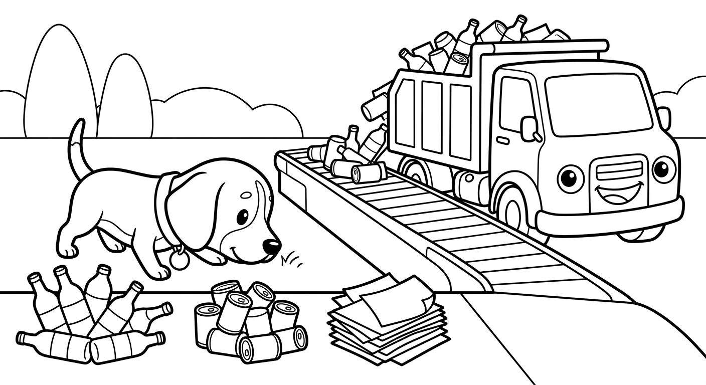 Black and white coloring book page for toddlers. The SAME chibi beagle puppy named Scout from the reference image, identical face and collar with the small round tag, sniffing with nose down, sniffing along the sorted recycling piles, next to/with a recycling-center truck unloading beside a conveyor. The truck has a friendly face from its OWN parts: the round headlights are the eyes and the front grille is a smiling mouth, no cartoon eyes on the windshield. A simple scene with sorted bottle, can, and paper piles, no more than two or three background shapes, lots of white space. Clean SOLID bold black outlines, simple smooth rounded shapes, NO furry texture, pure white background, no shading, no gray, NO solid black fills anywhere, NO text or words or letters anywhere in the image, large open areas to color. Keep the recycling piles simple and clearly outlined. CRITICAL: pure black and white line art, every object is WHITE inside with only black outlines, absolutely NO solid black fills, no dark shading, no black blobs anywhere.
quiet luxury, soft cinematic lighting, warm palette, professional, clean composition. gold and muted warm green color tones.
Do not include: cartoon, clipart, stock photo watermark, neon colors, face distortion, white coat, lab coat, doctor coat.