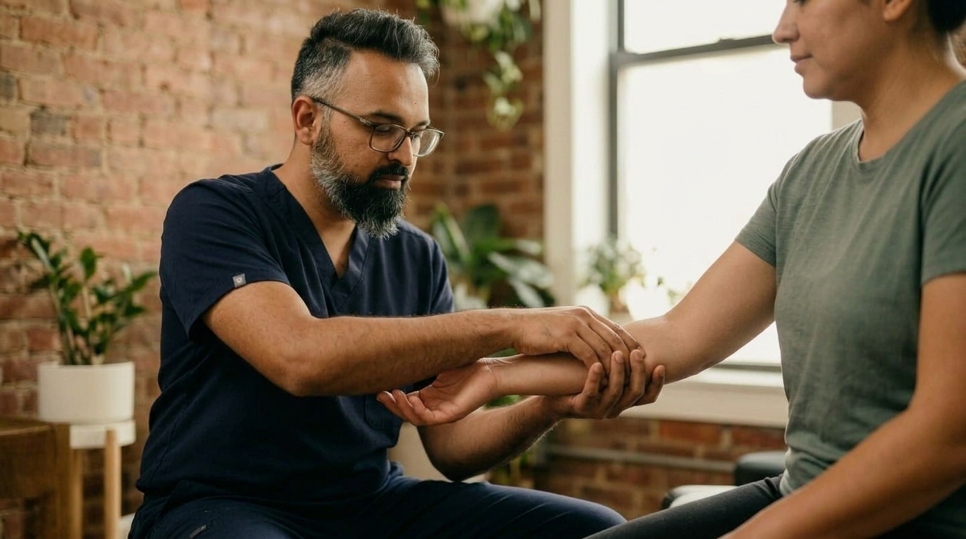Edit this image: shift the doctors hand placement so he is gripping the patients inner wrist (the volar wrist where the median nerve runs, about one inch below the heel of the patients palm), not the thumb or base of the hand. The doctors thumb should rest on the front of the patients wrist over the median nerve, fingers wrapping around to the back. Keep everything else exactly identical: same person, same beard and glasses, same dark navy scrubs, same patient, same patients clothing, same exposed brick wall, same lighting, same plants, same composition, same camera angle, same warm boutique wellness aesthetic. No text.

quiet luxury, soft cinematic lighting, warm palette, professional, clean composition. gold and muted warm green color tones.

Do not include: cartoon, clipart, stock photo watermark, neon colors, face distortion, white coat, lab coat, doctor coat.