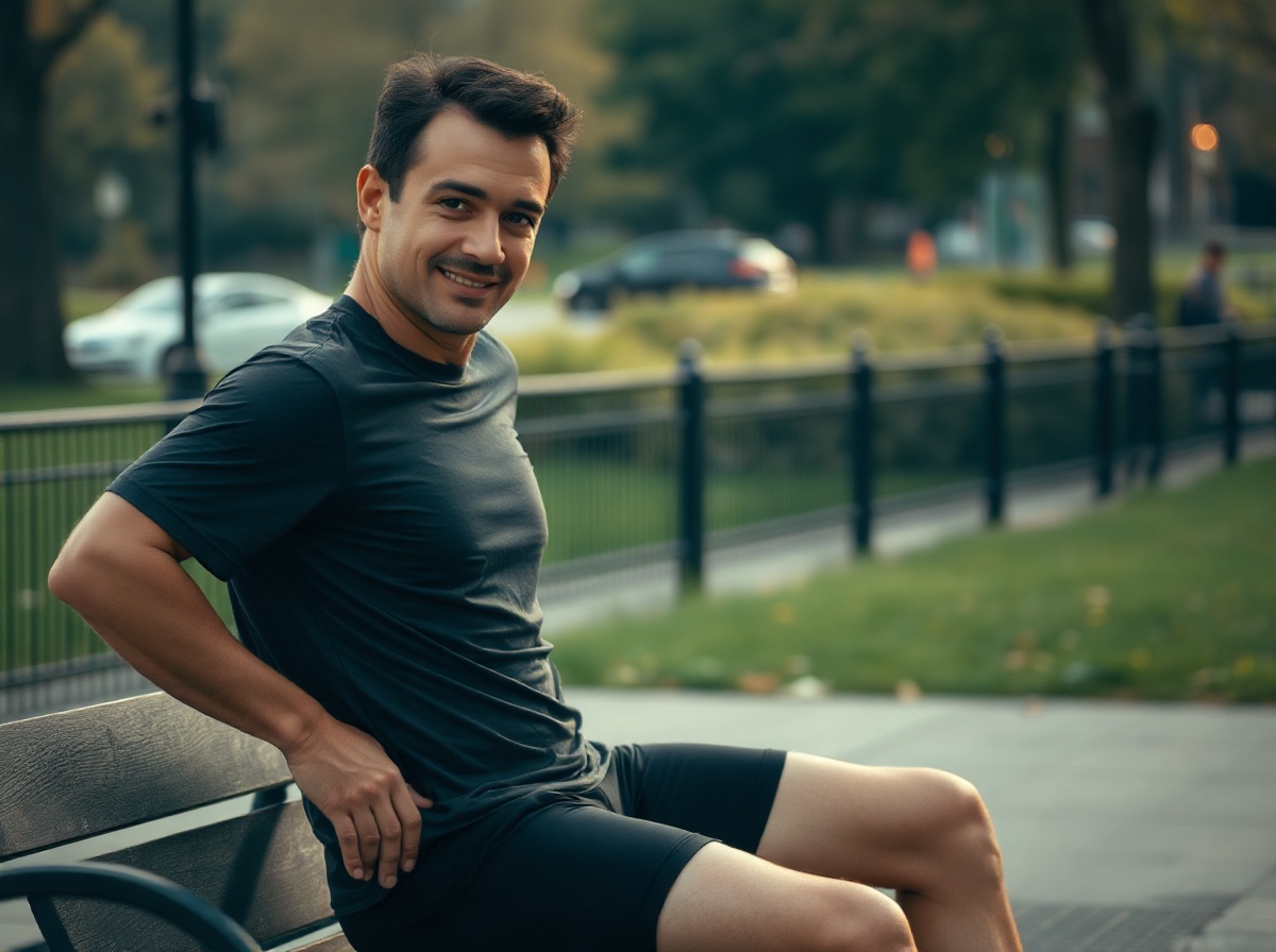 Fully clothed Brooklyn runner after a group run near McCarren Park, wearing a t-shirt and running shorts, seated on a bench doing a gentle hip stretch, relaxed natural expression, no shirtless body, no pain face, no dramatic injury
quiet luxury, soft cinematic lighting, warm palette, professional, clean composition. gold and muted warm green color tones.
Do not include: cartoon, clipart, stock photo watermark, neon colors, face distortion, white coat, lab coat, doctor coat.