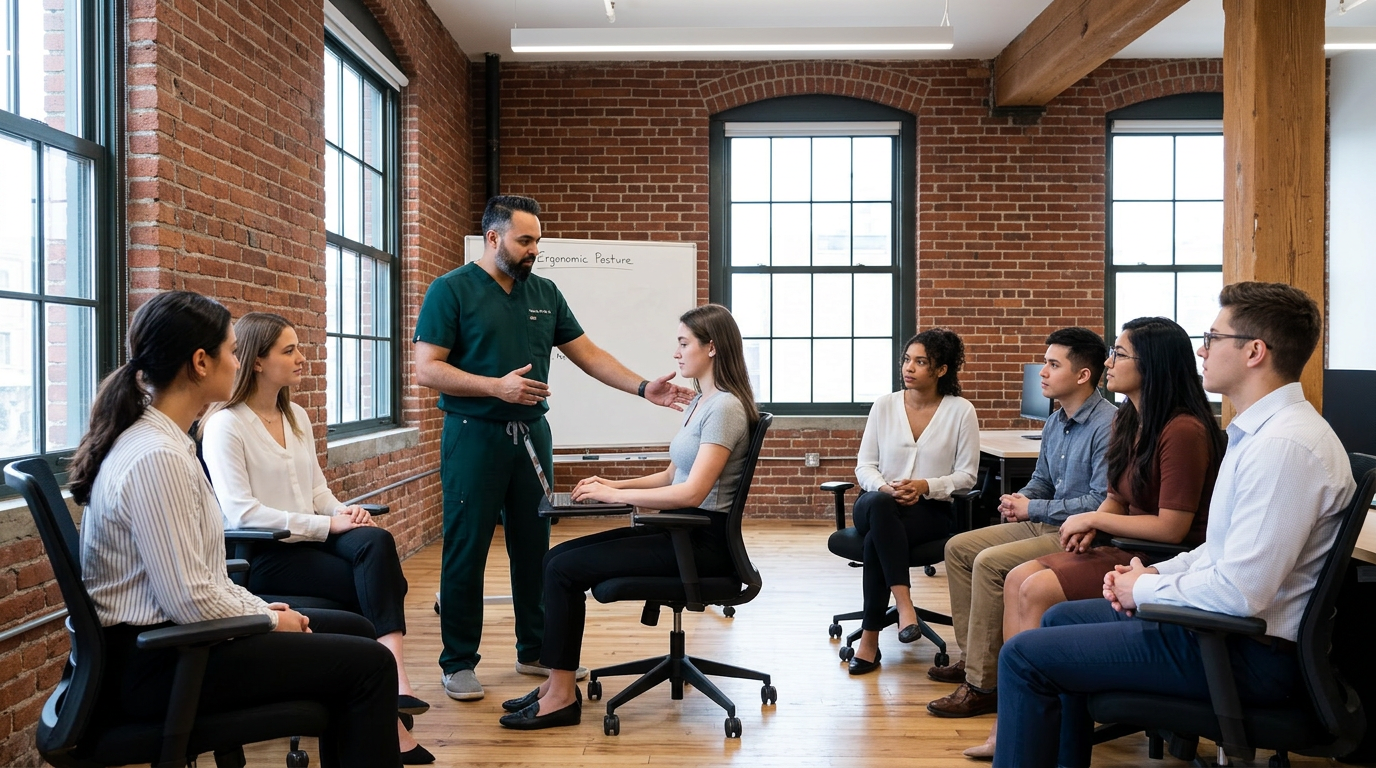 @drp Dr. Patel in dark green scrubs giving an ergonomic posture workshop to a small group of young professionals in a modern Brooklyn coworking space with exposed brick and large windows, @drp standing at a whiteboard gesturing at a seated employee demonstrating proper desk posture, landscape wide angle, photorealistic professional medical photography
Dr. Patel: Adult South Asian man with a medium-to-deep warm brown skin tone and a strong, professional
appearance. Oval to slightly long face, with a broad forehead, high hairline, and a well-defined
beard that gives the lower face a stronger, more angular shape. Dark black hair with visible gray
at the temples and sides, worn short on the sides in a fade/taper and longer on top, styled upward
and back in a clean, voluminous quiff/pompadour. Hairline sits a bit high, with slight recession
at the temples. Thick, dark, straight to gently arched eyebrows. Dark brown, medium-sized,
slightly deep-set eyes with a calm, focused look. Medium width nose, straight in profile, with a
rounded tip. Medium fullness lips, lower lip slightly fuller. Full, connected beard and mustache,
mostly black with noticeable gray/silver strands, especially at the cheeks, sideburn area, and
chin. Beard is shorter and neater on the cheeks and fuller/longer at the chin. Strong and
masculine jawline. Solid and broad-shouldered, medium-to-stocky frame. Upright, composed, and
confident posture. Keep realistic skin texture, natural pores, subtle under-eye detail, and
authentic salt-and-pepper facial hair. Do not make the face overly smooth or overly youthful.
Treatment Room: A modern, narrow rectangular chiropractic treatment room with a clean, minimal, upscale clinical look. The room has bright matte white walls, a white ceiling, white baseboards, and light natural oak wood plank flooring with a soft warm tone. The overall design is simple, uncluttered, and professional, with a calm medical aesthetic rather than a spa aesthetic.
The central focal point of the room is a premium chiropractic treatment table placed lengthwise in the middle of the room. The table has dark charcoal or deep gray padding, a light gray to off-white metal frame, and multiple bright yellow adjustment levers and handles. The table is large, segmented, and clearly a specialized chiropractic table, not a massage table.
Along the main wall are three vertically oriented framed anatomy posters in thin black frames with white mats. The posters show classic medical anatomical illustrations, including the muscular system, skeletal system, and spinal nerves. They are evenly spaced and mounted in a straight horizontal row above and behind the table, creating a clean visual rhythm.
Near the back corner of the room is a narrow leaning ladder shelf with a black metal frame and light wood shelves. The shelf holds a small number of clinical and office items such as tissues, paper towels, wipes, baskets, and small containers. Beside the shelf is a round rolling stool with a dark padded seat and chrome base.
On one side of the room is a simple desk area with a light-colored office chair, computer equipment, and a few practical work items, but this area should remain secondary and not dominate the image. On the opposite end of the room is a white wall-mounted cabinet and a compact rolling clinical utility cart with electrotherapy or rehab equipment, folded towels, wires, and supplies.
The room also includes a black door with a tall rounded-rectangle vertical window, adding a modern architectural detail. A few visible cords and small clinical devices are acceptable, but the room should still feel tidy, intentional, and professional.
Lighting is bright, neutral-to-cool clinical overhead lighting with soft natural realism. The room should feel real, functional, and high-end, with clean lines, minimal decor, and a polished chiropractic practice atmosphere.
quiet luxury, soft cinematic lighting, warm palette, professional, clean composition. gold and muted warm green color tones.
Do not include: cartoon, clipart, stock photo watermark, neon colors, face distortion, white coat, lab coat, doctor coat.