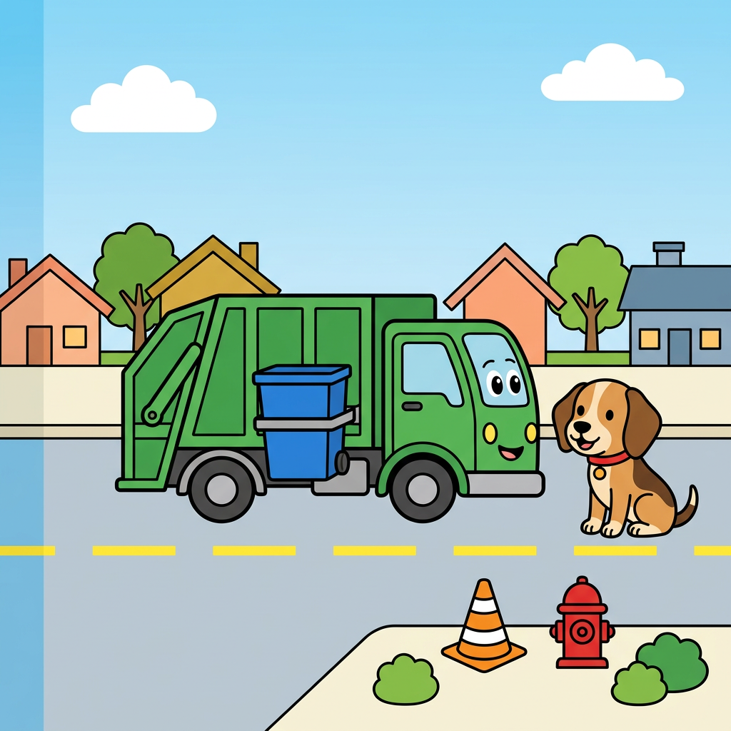Use the attached reference image as the EXACT style, character, color and palette authority: reproduce the same smiling green cartoon garbage truck, the same tan-and-brown beagle puppy (Scout) with a red collar, and the same flat bright children's-book palette, all on-model.
A flat, bright, friendly children's vector illustration for a toddler coloring-book FRONT cover. Thick bold uniform black outlines, clean flat color fills, no shading, no texture, no photorealism, no gradients except a soft blue sky. Square, full-bleed art running to all four edges, no white border or frame.
RENDER NO TEXT: no letters, no words, no title, no badge, no signature anywhere in the image. All text is added later by the publisher.
CRITICAL VERTICAL LAYOUT — the whole scene is pushed DOWN to leave a big empty sky at the top. The TOP ~38 percent of the image MUST be empty open blue sky (lighter at the very top) with only two or three small simple white clouds, and NOTHING else up there: no houses, no rooftops, no trees, no title. This tall empty sky is deliberate headroom for a title added later. The row of houses and the horizon must start no higher than about 42 percent down from the top. Rough budget: empty sky 0 to 40 percent, houses and treetops on the horizon about 40 to 52 percent, the two hero characters centered in the 48 to 74 percent band, and the street scene from about 74 to 100 percent.
Upper-middle (around 40 to 52 percent down): a cheerful row of small colorful houses (peach, mustard-yellow, soft orange, dusty blue) with simple triangle and flat roofs plus two rounded green trees, friendly and small, sitting low on the horizon. CENTER: the two hero characters large and centered as a pair, on-model with the reference. The smiling green garbage truck has its cab and friendly face on the RIGHT side (two big oval eyes and a smile on the cab), a rounded lighter-green body, chunky black wheels, and a lifting arm holding a single bright blue recycling bin on the truck's left side. Do not mirror or flip the truck. To the truck's right sits Scout, a tan-and-light-brown beagle with darker brown ears and back patch, big round black eyes with white highlights, a black button nose, a soft happy smile, and a red collar with a small round tag, sitting upright and turned slightly toward the truck.
BOTTOM (about 74 to 100 percent): a LIVELY flat street scene that replaces any dead flat gray band. A light-gray road spanning the full width with a dashed bright-yellow center line, the truck's wheels resting on the road; above the road a lighter curb-and-sidewalk strip where Scout sits. Scatter a FEW friendly roadside props with breathing room across the bottom-center and bottom-RIGHT only: an orange-and-white traffic cone, a small fire hydrant or mailbox, and two or three small round green bushes. Keep the lower-LEFT corner clean and empty (no cone, no hydrant, no bushes, no characters) because a badge is added later in that corner. Exactly ONE recycling bin in the whole image, the blue one in the truck's arm; no second bin. Road and sidewalk bleed to the bottom and side edges.
Keep the truck-and-dog pair horizontally centered with comfortable empty margin from BOTH the left and right edges. The left ~150 px is the spine seam: background bleeds fully to the left edge with no white gap, but that strip stays plain continuous color only, plain sky on top and plain road/sidewalk on the bottom, with no houses, trees, props, bins or characters in it; the truck's rear must stay out of that left strip.
Vivid primary palette: red, sky blue, grass green, sunny yellow, warm tan. Repeat green (truck, trees, bushes) and blue (sky, the single bin). Sunny, safe, playful morning-on-a-friendly-street mood, big shapes, lots of air, uncluttered for ages 2 to 4. Flat bright fills and thick black outlines throughout. No new characters, no extra trucks, no text.
quiet luxury, soft cinematic lighting, warm palette, professional, clean composition. gold and muted warm green color tones.
Do not include: cartoon, clipart, stock photo watermark, neon colors, face distortion, white coat, lab coat, doctor coat.