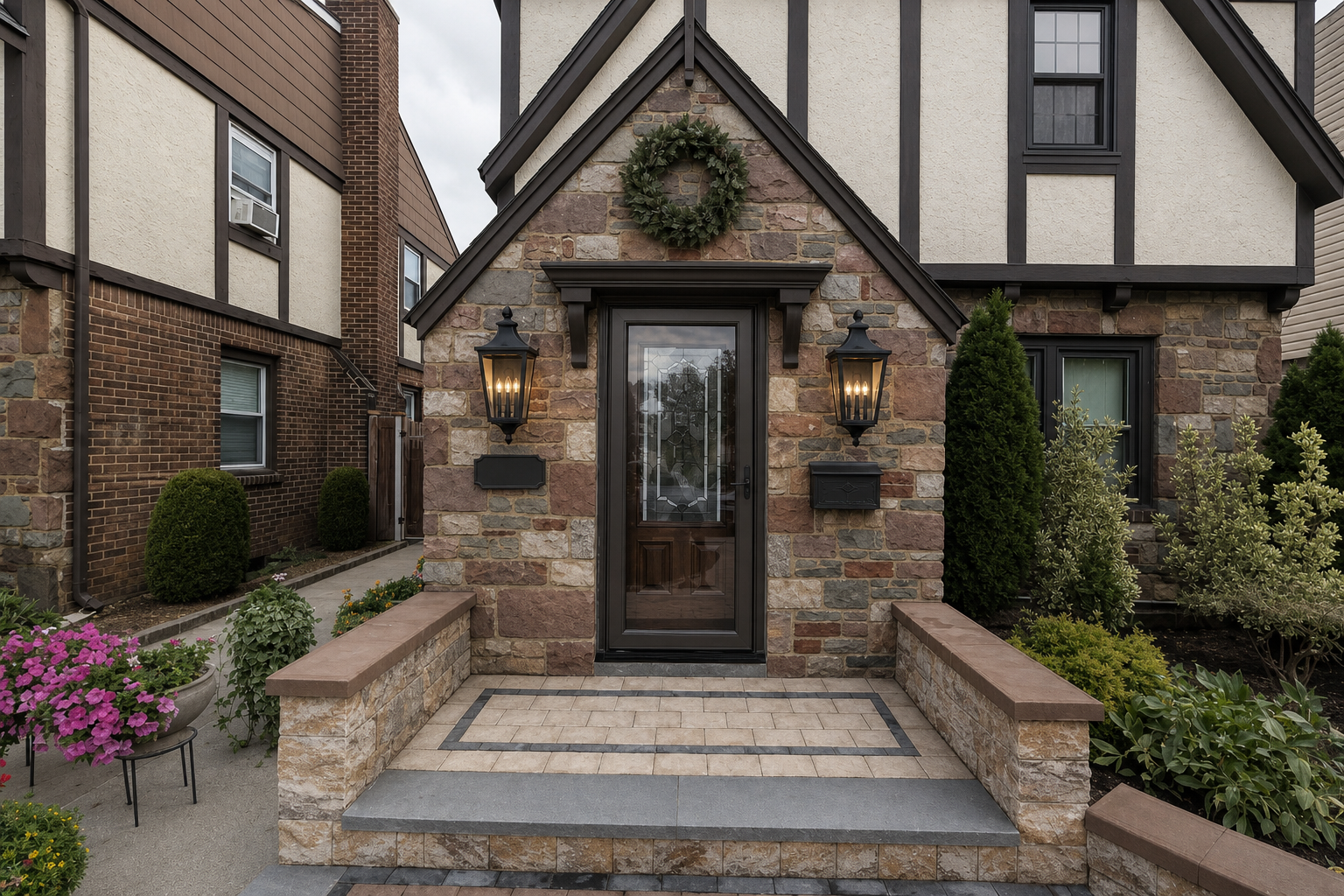 Photo-edit FIRST reference image of actual Tudor house. SECOND reference is EXACT Maxim Sutton Place VX 25-inch black 3-light wall lantern. Install matching pair on flanking stone walls next to door, physically realistic 25 inches OVERALL including top and bottom finial, not 25 inch glass body. Faithfully copy product: FOUR-SIDED tapered enclosure wider at TOP narrowing toward bottom, clear flat glass, three tall black candle sleeves with flame bulbs, broad square roof with steep concavely CURVED flared sides rising to a SHORT neck and small round ball finial, flat wide horizontal eave, short tapered lower bowl and stubby squared bottom finial. Black matte frame, no shepherd hook or visible dramatic looping support, no cylindrical glass, no pyramidal straight roof, no long bottom spike. Retain photographed product proportions, backplate behind glass. Each complete 25 inch fixture should look substantial not small against the approximately 39 inch side wall panel. Symmetrical centers and clear of door trim.
Preserve original HOUSE massing, actual unpainted irregular multicolored stone masonry pattern, gable and finial, window openings, exact original wood door AND glazed storm door and hardware. DO NOT replace doors. Preserve ALL existing hardscape including paving patterns, border colors, brown wall caps, steps and sidewalls EXACTLY. Remove loose floor lantern decor only. Coordinated renovation scheme: soft warm off-white stucco inspired by Shoji White, deep warm brown-charcoal timbers and window frames inspired by Black Fox. No white window frames left on owner's house, keep neighbors unchanged. Substantial 6 inch dark side door casings, layered stepped molding, 9 inch header/cap and TWO visibly solid tapered 12 inch CORBELS supporting cap ends outside door opening. Not thin trim or omitted corbels. No columns or new roof. Modest wreath on stone ABOVE header BELOW gable peak, clear of finial. Compact dark address plaque left, dark slim mailbox right below lanterns with CENTERLINES aligned. Do not invent numbers; blank plaque if original illegible. Original planting beds, tidy low planting, no new planters or hardscape. Soft neutral daylight with gentle warm bulbs, clear overall entrance and enough upper facade for dark window scheme. Photorealistic same-house product placement concept. No text overlays or product screenshot inset. Main acceptance: recognizable original doors/hardscape and recognizable exact SUTTON PLACE lantern geometry from product reference, in a substantial matching pair.
CRITICAL PRODUCT FIDELITY: copy the SECOND reference literally. Top is a SMALL SOLID ROUND BALL on a SHORT square neck, NOT a ring, loop, hook, oval or handle. Roof sides curve deeply inward then flare into a broad square eave. Glass enclosure long and tapered, not squat. Make each fixture visibly 25 inches tall, around a quarter of the entrance height. Product photo is binding; do not improvise finials or brackets.