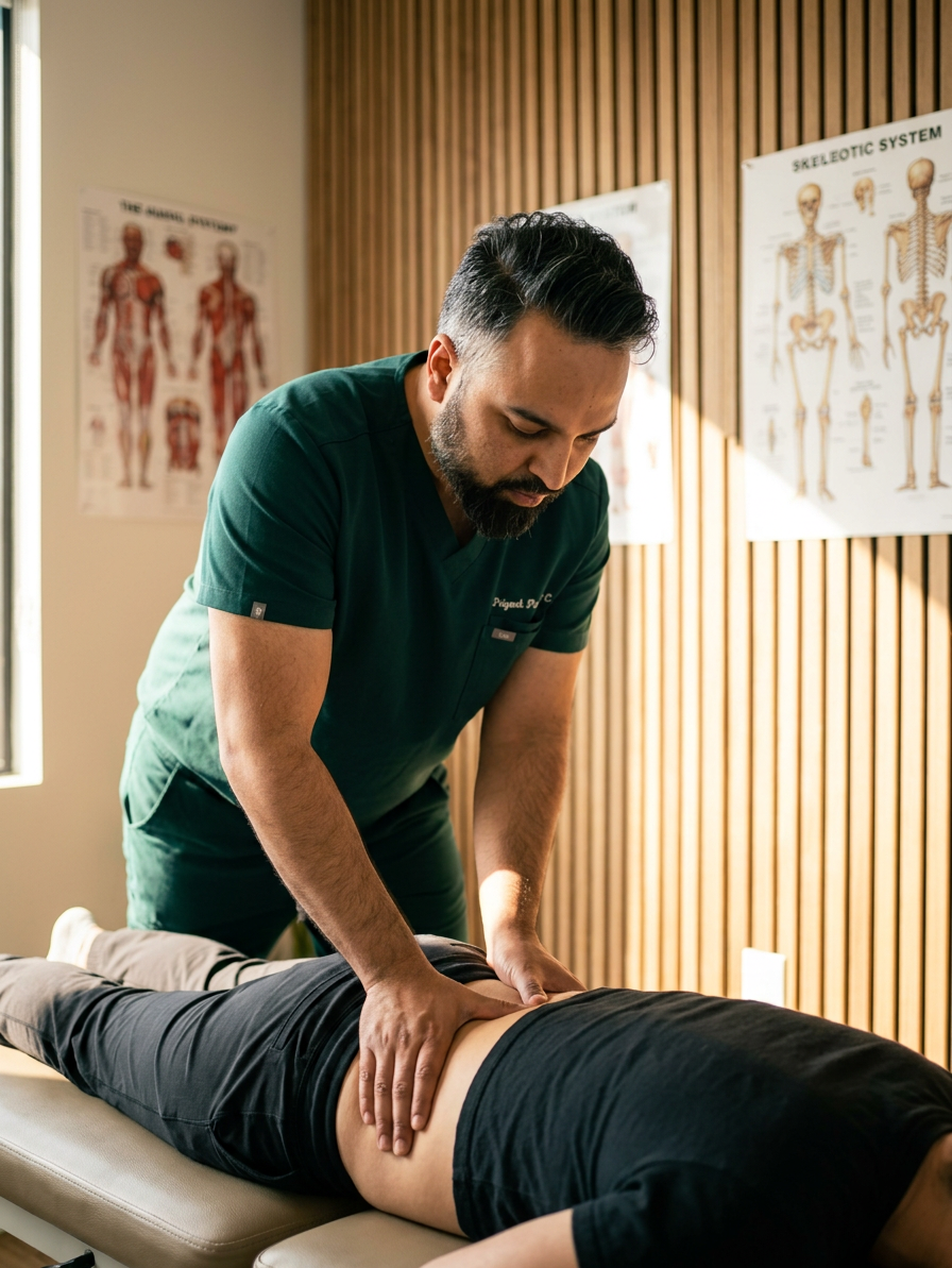 adjusting a patients lower back in the clinic, warm natural light, wood slat wall, anatomy posters, no visible signage or text

[Character: drp]  Adult South Asian man with a medium-to-deep warm brown skin tone and a strong, professional
  appearance. Oval to slightly long face, with a broad forehead, high hairline, and a well-defined
  beard that gives the lower face a stronger, more angular shape. Dark black hair with visible gray
  at the temples and sides, worn short on the sides in a fade/taper and longer on top, styled upward
   and back in a clean, voluminous quiff/pompadour. Hairline sits a bit high, with slight recession
  at the temples. Thick, dark, straight to gently arched eyebrows. Dark brown, medium-sized,
  slightly deep-set eyes with a calm, focused look. Medium width nose, straight in profile, with a
  rounded tip. Medium fullness lips, lower lip slightly fuller. Full, connected beard and mustache,
  mostly black with noticeable gray/silver strands, especially at the cheeks, sideburn area, and
  chin. Beard is shorter and neater on the cheeks and fuller/longer at the chin. Strong and
  masculine jawline. Solid and broad-shouldered, medium-to-stocky frame. Upright, composed, and
  confident posture. Keep realistic skin texture, natural pores, subtle under-eye detail, and
  authentic salt-and-pepper facial hair. Do not make the face overly smooth or overly youthful.

Style: quiet luxury, soft cinematic lighting, warm palette, professional, clean composition. Colors: primary #7F6B2E, secondary #9BA17F. Typography: Bodoni Moda headings, Manrope body.

Avoid: cartoon, clipart, stock photo watermark, neon colors, face distortion