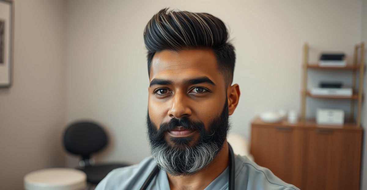 Professional photograph of @drp in a chiropractic treatment room, editorial style, clean composition, natural lighting

[Character: drp]  Adult South Asian man with a medium-to-deep warm brown skin tone and a strong, professional
  appearance. Oval to slightly long face, with a broad forehead, high hairline, and a well-defined
  beard that gives the lower face a stronger, more angular shape. Dark black hair with visible gray
  at the temples and sides, worn short on the sides in a fade/taper and longer on top, styled upward
   and back in a clean, voluminous quiff/pompadour. Hairline sits a bit high, with slight recession
  at the temples. Thick, dark, straight to gently arched eyebrows. Dark brown, medium-sized,
  slightly deep-set eyes with a calm, focused look. Medium width nose, straight in profile, with a
  rounded tip. Medium fullness lips, lower lip slightly fuller. Full, connected beard and mustache,
  mostly black with noticeable gray/silver strands, especially at the cheeks, sideburn area, and
  chin. Beard is shorter and neater on the cheeks and fuller/longer at the chin. Strong and
  masculine jawline. Solid and broad-shouldered, medium-to-stocky frame. Upright, composed, and
  confident posture. Keep realistic skin texture, natural pores, subtle under-eye detail, and
  authentic salt-and-pepper facial hair. Do not make the face overly smooth or overly youthful.

Style: quiet luxury, soft cinematic lighting, warm palette, professional, clean composition. Colors: primary #7F6B2E, secondary #9BA17F. Typography: Bodoni Moda headings, Manrope body.

Avoid: cartoon, clipart, stock photo watermark, neon colors, face distortion
