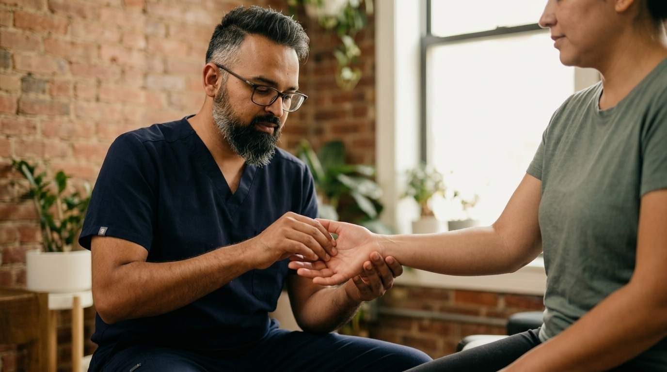 wide angle, landscape, no text. South Asian male chiropractor late 30s, dark navy scrubs, no white coat, gently examining a seated adult patients wrist during a carpal tunnel evaluation. Holding the patients open hand, lightly pressing the median nerve area at the inner wrist. Warm modern Brooklyn chiropractic office, exposed brick wall, soft natural window light, subtle plants. Documentary editorial photography, shallow depth of field, focus on the wrist. Patient calm.

Dr. Patel is depicted as:  Adult South Asian man with a medium-to-deep warm brown skin tone and a strong, professional
  appearance. Oval to slightly long face, with a broad forehead, high hairline, and a well-defined
  beard that gives the lower face a stronger, more angular shape. Dark black hair with visible gray
  at the temples and sides, worn short on the sides in a fade/taper and longer on top, styled upward
   and back in a clean, voluminous quiff/pompadour. Hairline sits a bit high, with slight recession
  at the temples. Thick, dark, straight to gently arched eyebrows. Dark brown, medium-sized,
  slightly deep-set eyes with a calm, focused look. Medium width nose, straight in profile, with a
  rounded tip. Medium fullness lips, lower lip slightly fuller. Full, connected beard and mustache,
  mostly black with noticeable gray/silver strands, especially at the cheeks, sideburn area, and
  chin. Beard is shorter and neater on the cheeks and fuller/longer at the chin. Strong and
  masculine jawline. Solid and broad-shouldered, medium-to-stocky frame. Upright, composed, and
  confident posture. Keep realistic skin texture, natural pores, subtle under-eye detail, and
  authentic salt-and-pepper facial hair. Do not make the face overly smooth or overly youthful..

quiet luxury, soft cinematic lighting, warm palette, professional, clean composition. gold and muted warm green color tones.

Do not include: cartoon, clipart, stock photo watermark, neon colors, face distortion, white coat, lab coat, doctor coat.