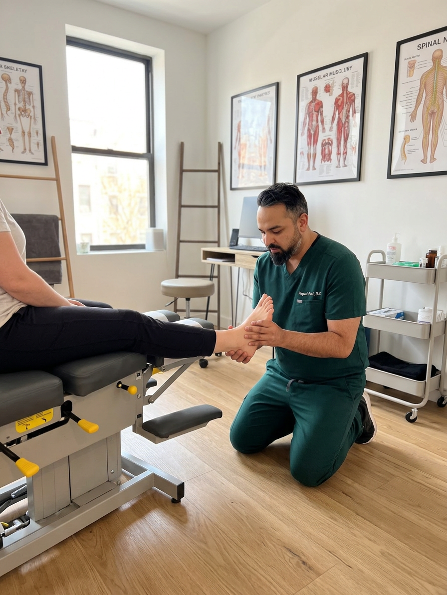 @drp Dr. Patel, the chiropractor, kneeling on the floor of a modern Brooklyn chiropractic clinic, gently examining the underside of a patient's bare foot during a plantar fasciitis assessment. The patient sits on a treatment table with one leg extended, foot in Dr. Patel's hands. Dr. Patel wears dark green medical scrubs, no white coat. Clinic interior: white walls, light oak wood floor, large window with soft morning daylight, neutral wellness aesthetic. Photorealistic professional medical photography, soft natural light, sharp focus on the foot examination, warm and reassuring tone.

Dr. Patel:  Adult South Asian man with a medium-to-deep warm brown skin tone and a strong, professional
  appearance. Oval to slightly long face, with a broad forehead, high hairline, and a well-defined
  beard that gives the lower face a stronger, more angular shape. Dark black hair with visible gray
  at the temples and sides, worn short on the sides in a fade/taper and longer on top, styled upward
   and back in a clean, voluminous quiff/pompadour. Hairline sits a bit high, with slight recession
  at the temples. Thick, dark, straight to gently arched eyebrows. Dark brown, medium-sized,
  slightly deep-set eyes with a calm, focused look. Medium width nose, straight in profile, with a
  rounded tip. Medium fullness lips, lower lip slightly fuller. Full, connected beard and mustache,
  mostly black with noticeable gray/silver strands, especially at the cheeks, sideburn area, and
  chin. Beard is shorter and neater on the cheeks and fuller/longer at the chin. Strong and
  masculine jawline. Solid and broad-shouldered, medium-to-stocky frame. Upright, composed, and
  confident posture. Keep realistic skin texture, natural pores, subtle under-eye detail, and
  authentic salt-and-pepper facial hair. Do not make the face overly smooth or overly youthful.
Treatment Room: A modern, narrow rectangular chiropractic treatment room with a clean, minimal, upscale clinical look. The room has bright matte white walls, a white ceiling, white baseboards, and light natural oak wood plank flooring with a soft warm tone. The overall design is simple, uncluttered, and professional, with a calm medical aesthetic rather than a spa aesthetic.

The central focal point of the room is a premium chiropractic treatment table placed lengthwise in the middle of the room. The table has dark charcoal or deep gray padding, a light gray to off-white metal frame, and multiple bright yellow adjustment levers and handles. The table is large, segmented, and clearly a specialized chiropractic table, not a massage table.

Along the main wall are three vertically oriented framed anatomy posters in thin black frames with white mats. The posters show classic medical anatomical illustrations, including the muscular system, skeletal system, and spinal nerves. They are evenly spaced and mounted in a straight horizontal row above and behind the table, creating a clean visual rhythm.

Near the back corner of the room is a narrow leaning ladder shelf with a black metal frame and light wood shelves. The shelf holds a small number of clinical and office items such as tissues, paper towels, wipes, baskets, and small containers. Beside the shelf is a round rolling stool with a dark padded seat and chrome base.

On one side of the room is a simple desk area with a light-colored office chair, computer equipment, and a few practical work items, but this area should remain secondary and not dominate the image. On the opposite end of the room is a white wall-mounted cabinet and a compact rolling clinical utility cart with electrotherapy or rehab equipment, folded towels, wires, and supplies.

The room also includes a black door with a tall rounded-rectangle vertical window, adding a modern architectural detail. A few visible cords and small clinical devices are acceptable, but the room should still feel tidy, intentional, and professional.

Lighting is bright, neutral-to-cool clinical overhead lighting with soft natural realism. The room should feel real, functional, and high-end, with clean lines, minimal decor, and a polished chiropractic practice atmosphere.

quiet luxury, soft cinematic lighting, warm palette, professional, clean composition. gold and muted warm green color tones.

Do not include: cartoon, clipart, stock photo watermark, neon colors, face distortion, white coat, lab coat, doctor coat.