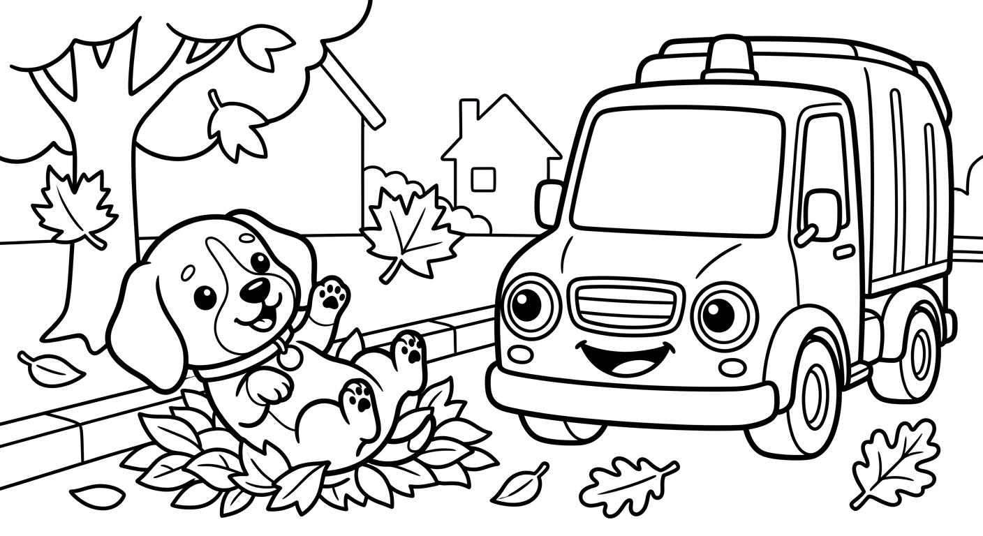 Black and white coloring book page for toddlers. The SAME chibi beagle puppy named Scout from the reference image, identical face and collar with the small round tag, rolling on his back with paws up, rolling in the fallen autumn leaves by the curb, next to/with a leaf-vacuum truck on an autumn street. The truck has a friendly face from its OWN parts: the round headlights are the eyes and the front grille is a smiling mouth, no cartoon eyes on the windshield. A simple scene with one tree dropping a few big leaf shapes and a curb, no more than two or three background shapes, lots of white space. Clean SOLID bold black outlines, simple smooth rounded shapes, NO furry texture, pure white background, no shading, no gray, NO solid black fills anywhere, NO text or words or letters anywhere in the image, large open areas to color.
quiet luxury, soft cinematic lighting, warm palette, professional, clean composition. gold and muted warm green color tones.
Do not include: cartoon, clipart, stock photo watermark, neon colors, face distortion, white coat, lab coat, doctor coat.