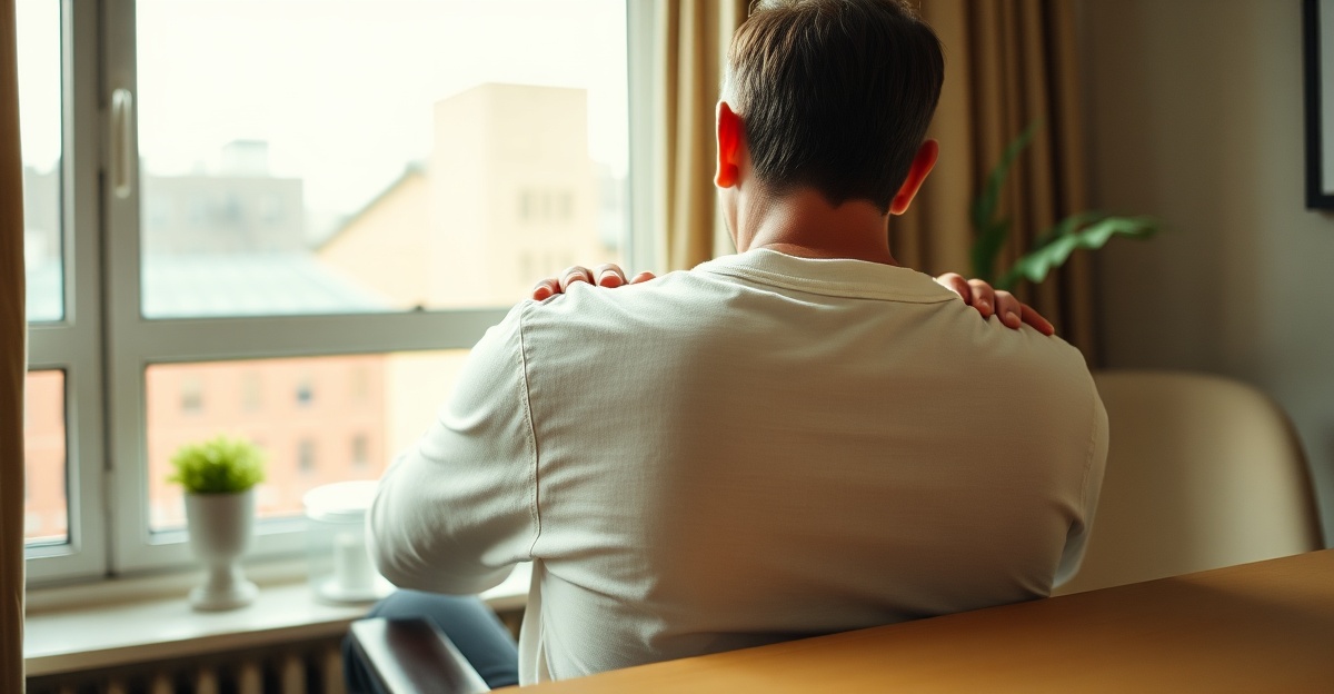 Editorial blog hero photograph, wide horizontal composition. Cropped rear three-quarter view of an adult seated beside a bright Brooklyn apartment window, face completely outside the frame. One hand rests naturally near the collarbone and upper shoulder while the opposite arm extends toward the edge of a table, with relaxed fingers suggesting intermittent tingling from neck to arm. Anatomically natural posture, ordinary clothing, calm observational mood. No clinician, no hands-on treatment, no medical procedure, no manipulation, no pain grimace, no text, no logos, no anatomy overlay, no X-ray, no hospital scene.

quiet luxury, soft cinematic lighting, warm palette, professional, clean composition. gold and muted warm green color tones.

Do not include: cartoon, clipart, stock photo watermark, neon colors, face distortion, white coat, lab coat, doctor coat.