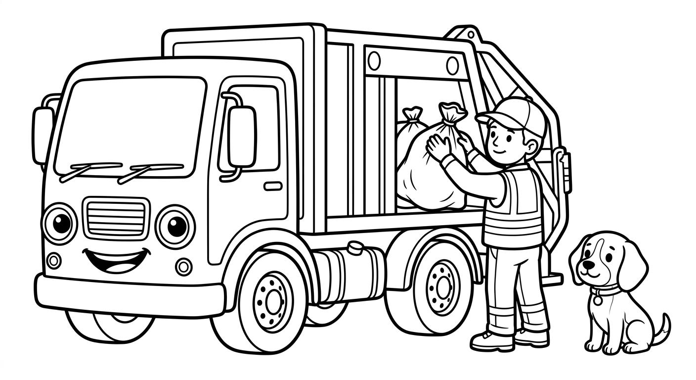 Black and white coloring book page for toddlers. A rear-loader garbage truck with a friendly face from its own parts (round headlights are the eyes, grille is the smile). A sanitation worker in a cap and safety vest stands on the GROUND clearly behind and beside the open back hopper of the truck, lifting a trash bag up into the hopper. The worker is fully visible standing on the ground, NOT overlapping or going through the truck body. The SAME chibi beagle Scout from the reference sitting nearby watching. Pure black and white line art, every object WHITE inside with black outlines only, NO solid black fills, NO text or letters.
quiet luxury, soft cinematic lighting, warm palette, professional, clean composition. gold and muted warm green color tones.
Do not include: cartoon, clipart, stock photo watermark, neon colors, face distortion, white coat, lab coat, doctor coat.