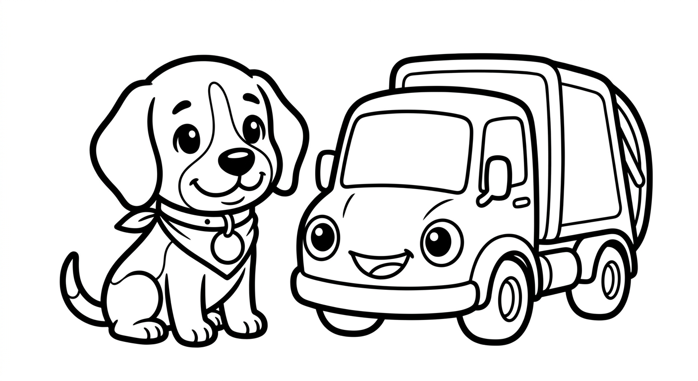 Black and white coloring book line art. The SAME chibi beagle Scout from reference (collar with round tag) sitting happily beside one friendly garbage truck with headlight eyes and grille smile, centered with lots of empty white space all around them. Clean SOLID bold black outlines, simple smooth rounded shapes, NO furry texture, pure white background, no shading, no gray, NO solid black fills, NO text or letters, large open areas to color.
quiet luxury, soft cinematic lighting, warm palette, professional, clean composition. gold and muted warm green color tones.
Do not include: cartoon, clipart, stock photo watermark, neon colors, face distortion, white coat, lab coat, doctor coat.