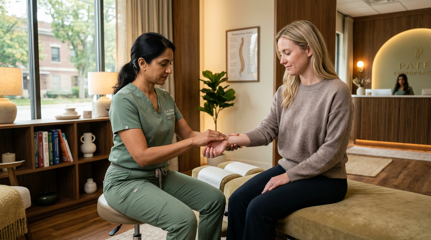 Wide angle landscape photo of Dr. Patel examining a patient's wrist in a modern chiropractic clinic, green scrubs, no white coat, warm lighting, photorealistic

quiet luxury, soft cinematic lighting, warm palette, professional, clean composition. gold and muted warm green color tones.

Do not include: cartoon, clipart, stock photo watermark, neon colors, face distortion, white coat, lab coat, doctor coat.