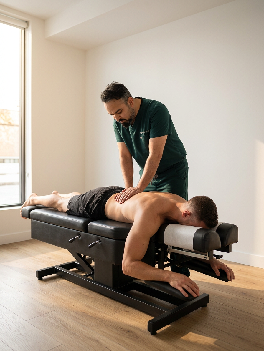 Dr. Patel, Indian male chiropractor in dark green scrubs, performing a spinal adjustment on a fit athletic male patient lying face down on a chiropractic adjustment table, modern chiropractic clinic with white walls and oak wood floors, warm natural lighting, wide angle landscape composition, professional clinical photography, no white coat

[Character: drp]  Adult South Asian man with a medium-to-deep warm brown skin tone and a strong, professional
  appearance. Oval to slightly long face, with a broad forehead, high hairline, and a well-defined
  beard that gives the lower face a stronger, more angular shape. Dark black hair with visible gray
  at the temples and sides, worn short on the sides in a fade/taper and longer on top, styled upward
   and back in a clean, voluminous quiff/pompadour. Hairline sits a bit high, with slight recession
  at the temples. Thick, dark, straight to gently arched eyebrows. Dark brown, medium-sized,
  slightly deep-set eyes with a calm, focused look. Medium width nose, straight in profile, with a
  rounded tip. Medium fullness lips, lower lip slightly fuller. Full, connected beard and mustache,
  mostly black with noticeable gray/silver strands, especially at the cheeks, sideburn area, and
  chin. Beard is shorter and neater on the cheeks and fuller/longer at the chin. Strong and
  masculine jawline. Solid and broad-shouldered, medium-to-stocky frame. Upright, composed, and
  confident posture. Keep realistic skin texture, natural pores, subtle under-eye detail, and
  authentic salt-and-pepper facial hair. Do not make the face overly smooth or overly youthful.

Style: quiet luxury, soft cinematic lighting, warm palette, professional, clean composition. Colors: primary #7F6B2E, secondary #9BA17F. Typography: Bodoni Moda headings, Manrope body.

Avoid: cartoon, clipart, stock photo watermark, neon colors, face distortion, white coat, lab coat, doctor coat