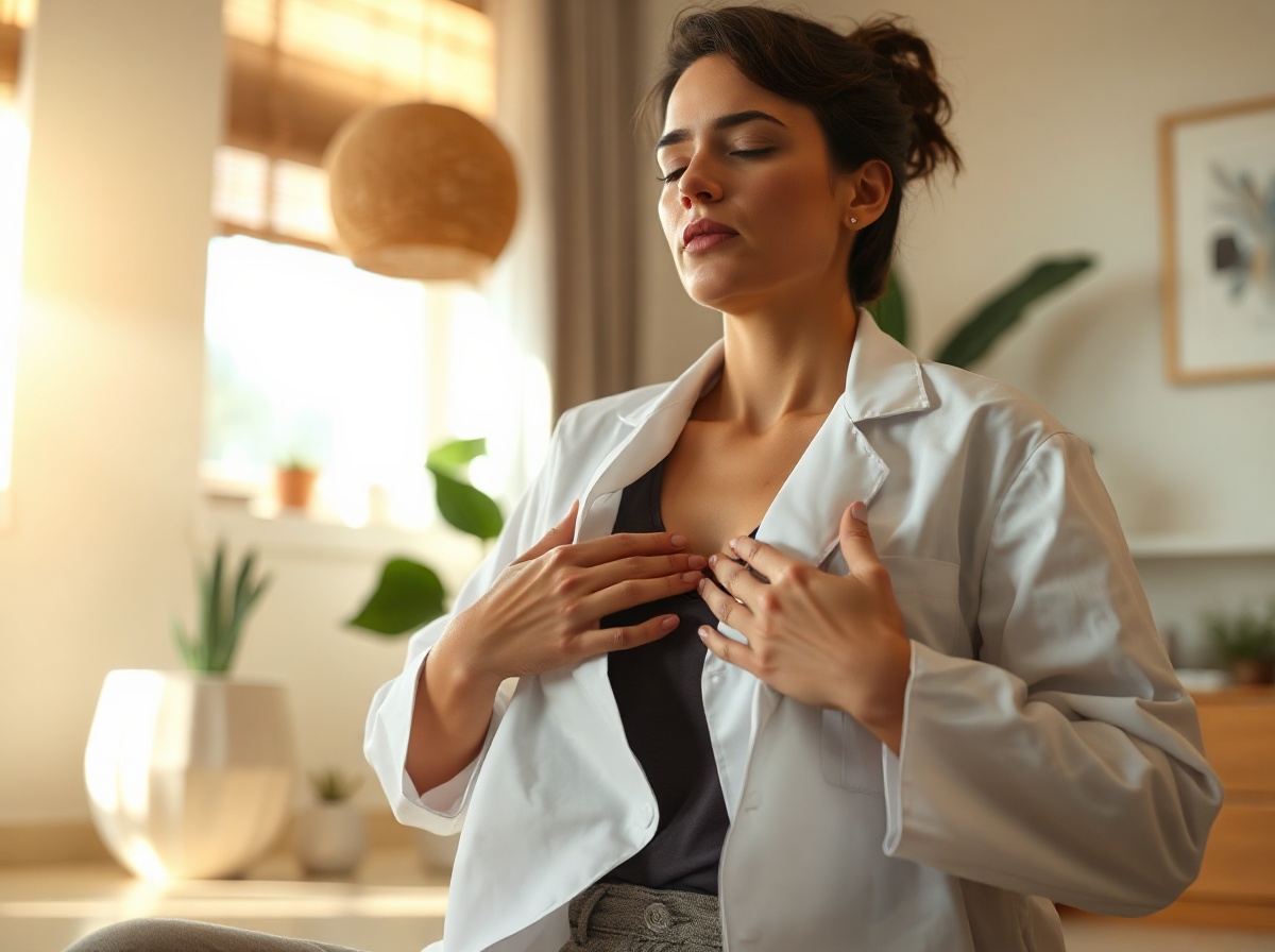 Calm breathing reset scene in a clean clinic or home setting, seated posture, hands on ribs, soft natural light, no medical diagrams, no nerve graphics
quiet luxury, soft cinematic lighting, warm palette, professional, clean composition. gold and muted warm green color tones.
Do not include: cartoon, clipart, stock photo watermark, neon colors, face distortion, white coat, lab coat, doctor coat.