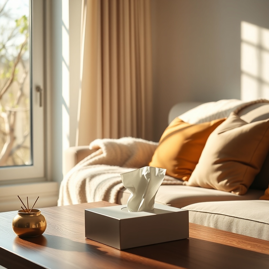 Cozy home living room scene: box of tissues on coffee table, window with spring greenery outside, empty room with soft sunlight on sofa and throw blanket, muted gold and sage throw pillows, warm morning light, no people, still life photography, quiet luxury interior

Style: quiet luxury, soft cinematic lighting, warm palette, professional, clean composition. Colors: primary #7F6B2E, secondary #9BA17F. Typography: Bodoni Moda headings, Manrope body.

Avoid: cartoon, clipart, stock photo watermark, neon colors, face distortion, white coat, lab coat, doctor coat