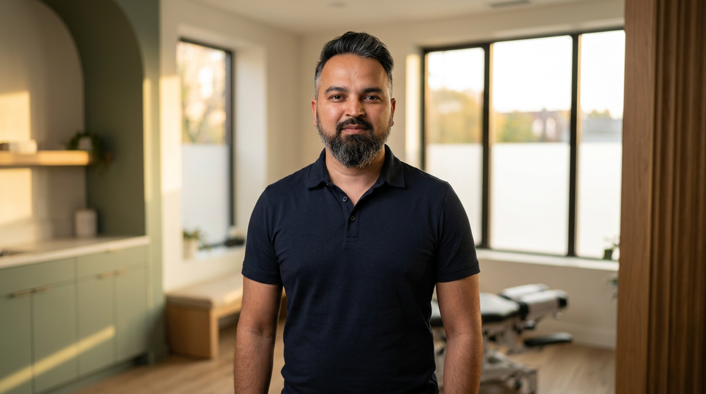 wide angle, landscape, no text, no signs, no writing, Dr. Patel standing confidently in a warm modern chiropractic clinic, arms relaxed at sides, wearing a fitted dark navy polo shirt, soft golden hour lighting through large windows, clean minimalist treatment room in background with sage green accents and warm wood tones, editorial photography style, shallow depth of field, quiet luxury aesthetic

[Character: drp]  Adult South Asian man with a medium-to-deep warm brown skin tone and a strong, professional
  appearance. Oval to slightly long face, with a broad forehead, high hairline, and a well-defined
  beard that gives the lower face a stronger, more angular shape. Dark black hair with visible gray
  at the temples and sides, worn short on the sides in a fade/taper and longer on top, styled upward
   and back in a clean, voluminous quiff/pompadour. Hairline sits a bit high, with slight recession
  at the temples. Thick, dark, straight to gently arched eyebrows. Dark brown, medium-sized,
  slightly deep-set eyes with a calm, focused look. Medium width nose, straight in profile, with a
  rounded tip. Medium fullness lips, lower lip slightly fuller. Full, connected beard and mustache,
  mostly black with noticeable gray/silver strands, especially at the cheeks, sideburn area, and
  chin. Beard is shorter and neater on the cheeks and fuller/longer at the chin. Strong and
  masculine jawline. Solid and broad-shouldered, medium-to-stocky frame. Upright, composed, and
  confident posture. Keep realistic skin texture, natural pores, subtle under-eye detail, and
  authentic salt-and-pepper facial hair. Do not make the face overly smooth or overly youthful.

Style: quiet luxury, soft cinematic lighting, warm palette, professional, clean composition. Colors: primary #7F6B2E, secondary #9BA17F. Typography: Bodoni Moda headings, Manrope body.

Avoid: cartoon, clipart, stock photo watermark, neon colors, face distortion, white coat, lab coat, doctor coat