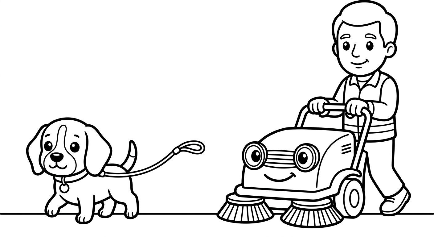 Black and white coloring book page for toddlers. The SAME chibi beagle puppy named Scout from the reference image, identical face and collar with the small round tag, walking calmly, walking beside the worker and the little sidewalk sweeper, next to/with a small sidewalk sweeper machine and a worker steering it. The truck has a friendly face from its OWN parts: the round headlights are the eyes and the front grille is a smiling mouth, no cartoon eyes on the windshield. A simple ground line under the scene, lots of white space. Clean SOLID bold black outlines, simple smooth rounded shapes, NO furry texture, pure white background, no shading, no gray, NO solid black fills anywhere, NO text or words or letters anywhere in the image, large open areas to color. The sanitation worker has a clear friendly complete face with two eyes, a nose, and a smiling mouth. Do not leave the face blank. NO solid black fills, no text or letters.
quiet luxury, soft cinematic lighting, warm palette, professional, clean composition. gold and muted warm green color tones.
Do not include: cartoon, clipart, stock photo watermark, neon colors, face distortion, white coat, lab coat, doctor coat.