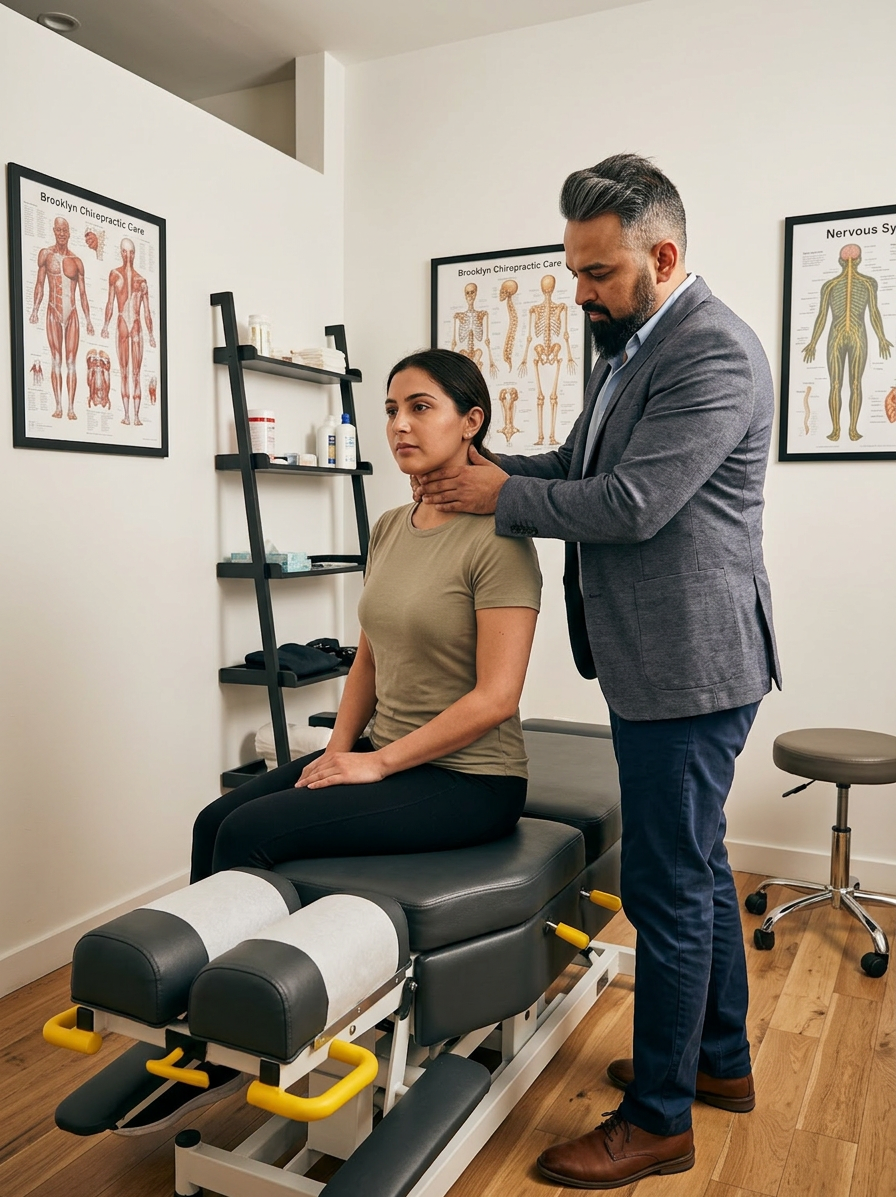 @drp Dr. Patel alone with one patient, three-quarter view of Dr. Patel examining a female patient cervical spine, patient seated on chiropractic table, Dr. Patel standing behind with both hands on patient neck, Brooklyn Chiropractic Care treatment room, landscape wide angle, photorealistic professional medical photography
Dr. Patel: Adult South Asian man with a medium-to-deep warm brown skin tone and a strong, professional
appearance. Oval to slightly long face, with a broad forehead, high hairline, and a well-defined
beard that gives the lower face a stronger, more angular shape. Dark black hair with visible gray
at the temples and sides, worn short on the sides in a fade/taper and longer on top, styled upward
and back in a clean, voluminous quiff/pompadour. Hairline sits a bit high, with slight recession
at the temples. Thick, dark, straight to gently arched eyebrows. Dark brown, medium-sized,
slightly deep-set eyes with a calm, focused look. Medium width nose, straight in profile, with a
rounded tip. Medium fullness lips, lower lip slightly fuller. Full, connected beard and mustache,
mostly black with noticeable gray/silver strands, especially at the cheeks, sideburn area, and
chin. Beard is shorter and neater on the cheeks and fuller/longer at the chin. Strong and
masculine jawline. Solid and broad-shouldered, medium-to-stocky frame. Upright, composed, and
confident posture. Keep realistic skin texture, natural pores, subtle under-eye detail, and
authentic salt-and-pepper facial hair. Do not make the face overly smooth or overly youthful.
Treatment Room: A modern, narrow rectangular chiropractic treatment room with a clean, minimal, upscale clinical look. The room has bright matte white walls, a white ceiling, white baseboards, and light natural oak wood plank flooring with a soft warm tone. The overall design is simple, uncluttered, and professional, with a calm medical aesthetic rather than a spa aesthetic.
The central focal point of the room is a premium chiropractic treatment table placed lengthwise in the middle of the room. The table has dark charcoal or deep gray padding, a light gray to off-white metal frame, and multiple bright yellow adjustment levers and handles. The table is large, segmented, and clearly a specialized chiropractic table, not a massage table.
Along the main wall are three vertically oriented framed anatomy posters in thin black frames with white mats. The posters show classic medical anatomical illustrations, including the muscular system, skeletal system, and spinal nerves. They are evenly spaced and mounted in a straight horizontal row above and behind the table, creating a clean visual rhythm.
Near the back corner of the room is a narrow leaning ladder shelf with a black metal frame and light wood shelves. The shelf holds a small number of clinical and office items such as tissues, paper towels, wipes, baskets, and small containers. Beside the shelf is a round rolling stool with a dark padded seat and chrome base.
On one side of the room is a simple desk area with a light-colored office chair, computer equipment, and a few practical work items, but this area should remain secondary and not dominate the image. On the opposite end of the room is a white wall-mounted cabinet and a compact rolling clinical utility cart with electrotherapy or rehab equipment, folded towels, wires, and supplies.
The room also includes a black door with a tall rounded-rectangle vertical window, adding a modern architectural detail. A few visible cords and small clinical devices are acceptable, but the room should still feel tidy, intentional, and professional.
Lighting is bright, neutral-to-cool clinical overhead lighting with soft natural realism. The room should feel real, functional, and high-end, with clean lines, minimal decor, and a polished chiropractic practice atmosphere.
quiet luxury, soft cinematic lighting, warm palette, professional, clean composition. gold and muted warm green color tones.
Do not include: cartoon, clipart, stock photo watermark, neon colors, face distortion, white coat, lab coat, doctor coat.