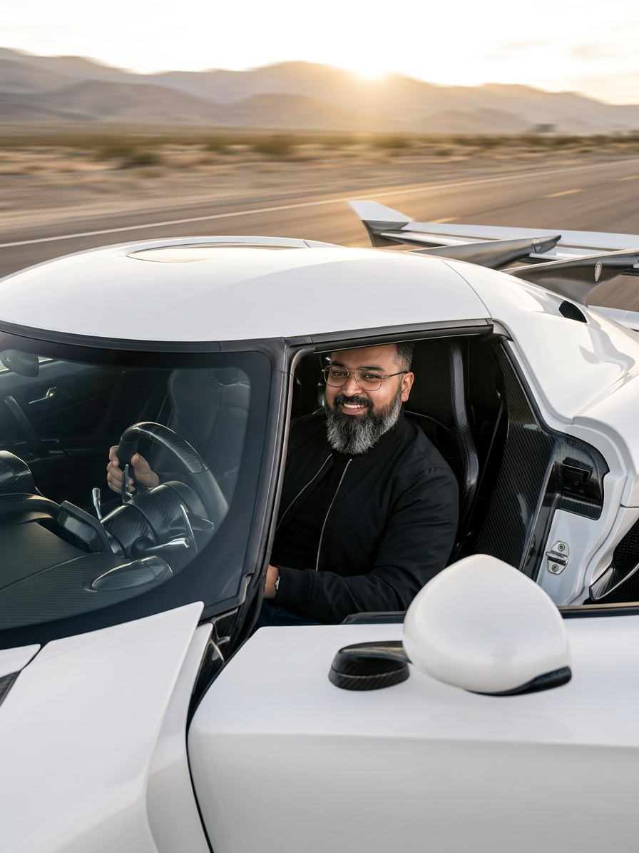 @drp Dr. Patel driving the fastest hypercar in the world, a sleek white Koenigsegg Jesko Absolut, three-quarter view through open driver door showing him behind the wheel, gripping steering wheel, glasses, full beard, confident grin, black casual bomber jacket, carbon fiber cockpit interior, motion blur background on open desert highway, golden hour light, photorealistic professional automotive photography, no white coat, no text, no signs, no writing

Dr. Patel is depicted as:  Adult South Asian man with a medium-to-deep warm brown skin tone and a strong, professional
  appearance. Oval to slightly long face, with a broad forehead, high hairline, and a well-defined
  beard that gives the lower face a stronger, more angular shape. Dark black hair with visible gray
  at the temples and sides, worn short on the sides in a fade/taper and longer on top, styled upward
   and back in a clean, voluminous quiff/pompadour. Hairline sits a bit high, with slight recession
  at the temples. Thick, dark, straight to gently arched eyebrows. Dark brown, medium-sized,
  slightly deep-set eyes with a calm, focused look. Medium width nose, straight in profile, with a
  rounded tip. Medium fullness lips, lower lip slightly fuller. Full, connected beard and mustache,
  mostly black with noticeable gray/silver strands, especially at the cheeks, sideburn area, and
  chin. Beard is shorter and neater on the cheeks and fuller/longer at the chin. Strong and
  masculine jawline. Solid and broad-shouldered, medium-to-stocky frame. Upright, composed, and
  confident posture. Keep realistic skin texture, natural pores, subtle under-eye detail, and
  authentic salt-and-pepper facial hair. Do not make the face overly smooth or overly youthful..

quiet luxury, soft cinematic lighting, warm palette, professional, clean composition. gold and muted warm green color tones.

Do not include: cartoon, clipart, stock photo watermark, neon colors, face distortion, white coat, lab coat, doctor coat.